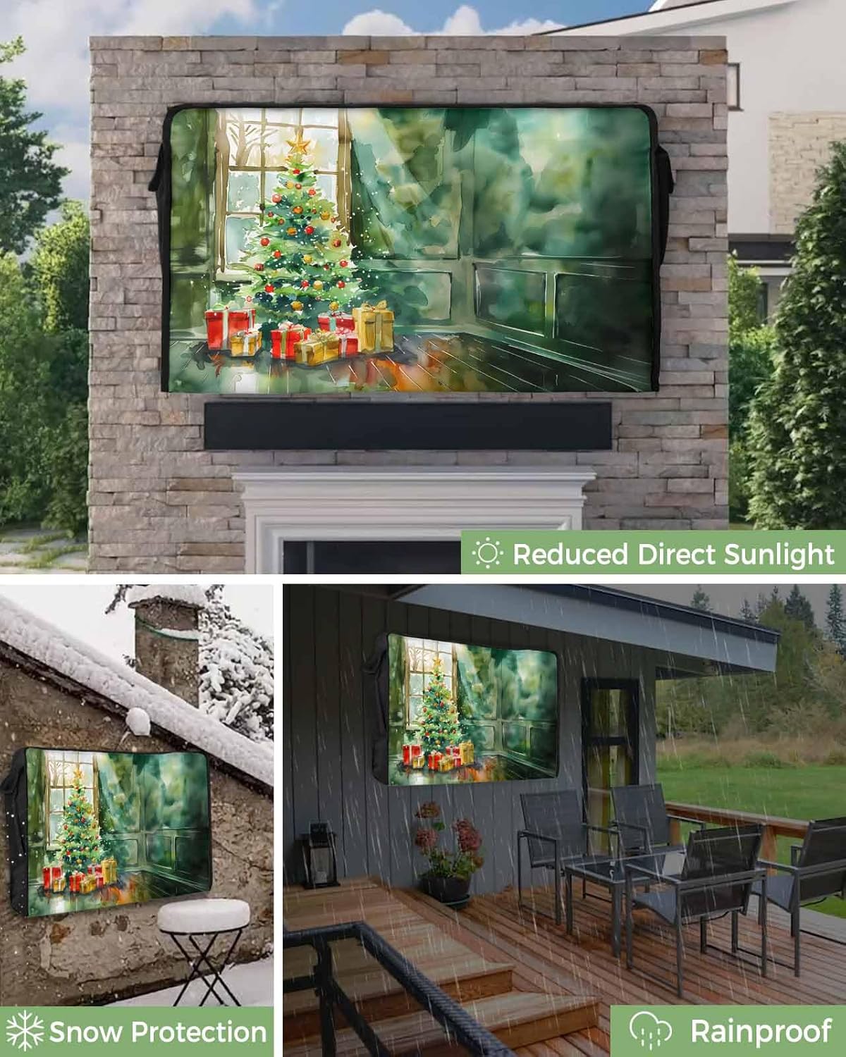 Christmas Tree Outdoor TV Cover 40"-43" - 600D Waterproof TV Cover Weatherproof TV Screen Protector Dustproof Winter Xmas Balls Snow Green TV Display Protector for Outside Flat Screen TV