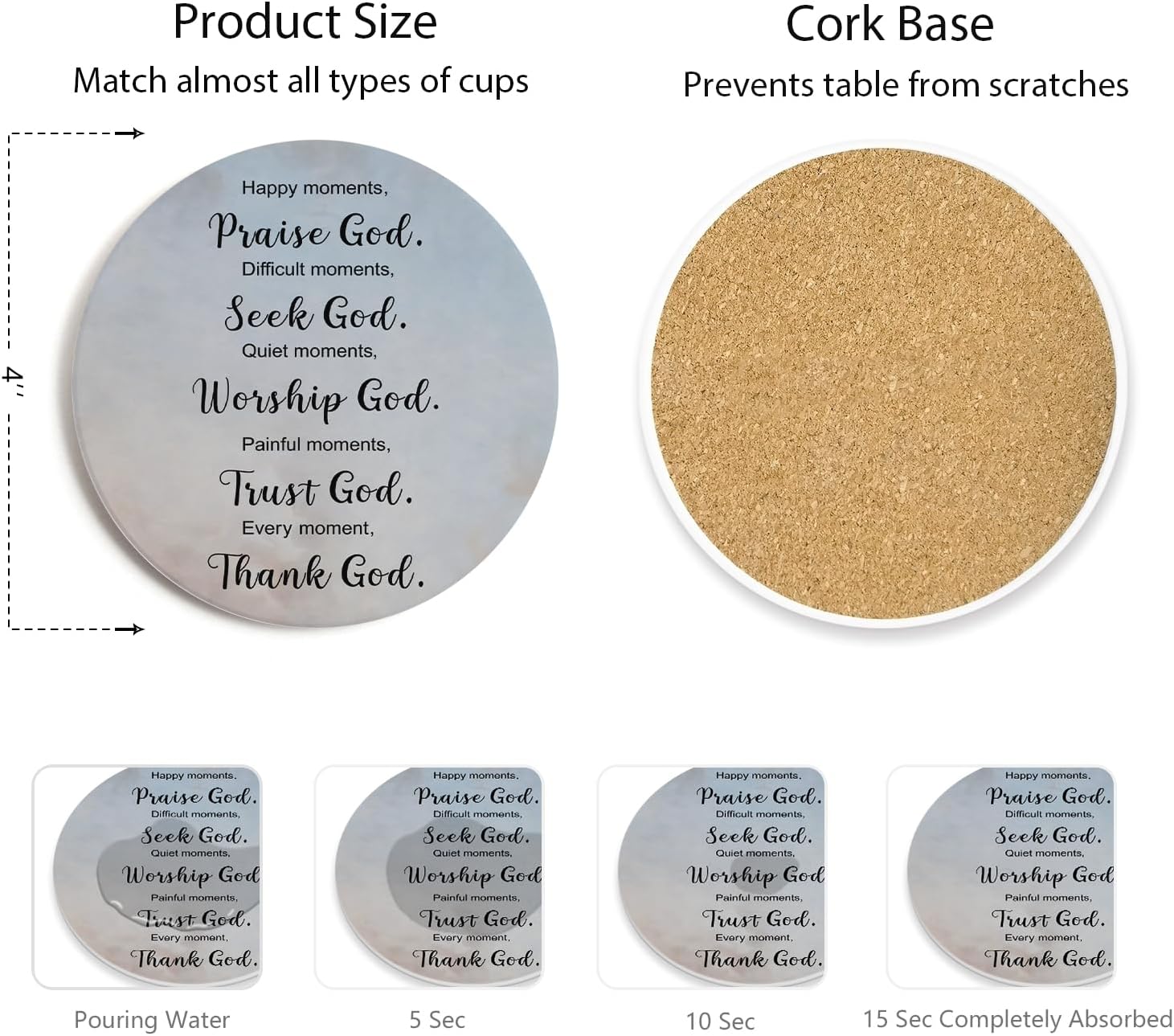 Coasters for Drinks with Bible Verses, Set of 6 Sky Blue Absorbent Drinks Coasters with Holder Ceramic Drink Coaster with Cork Backing for Table Protection, Christian Gifts image 5