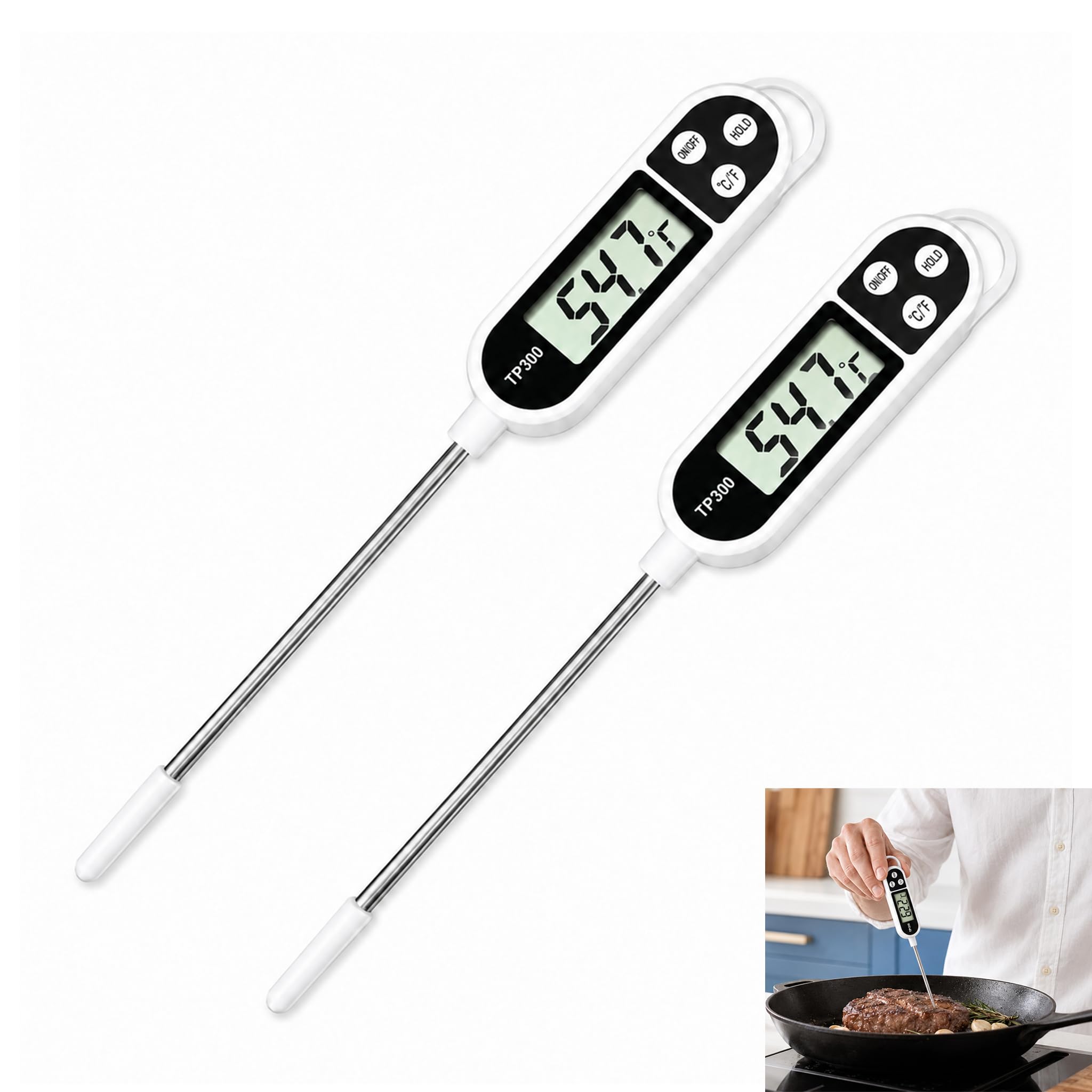 2 Stück Digitales Küchenthermometer, Thermometer für Lebensmittel, Digitale mit Edelstahl Sonde, Lebensmittelthermometer für Grillen Kochen Backen Fleischtemperatur, LCD Grillthermometer ℃℉ Anzeige