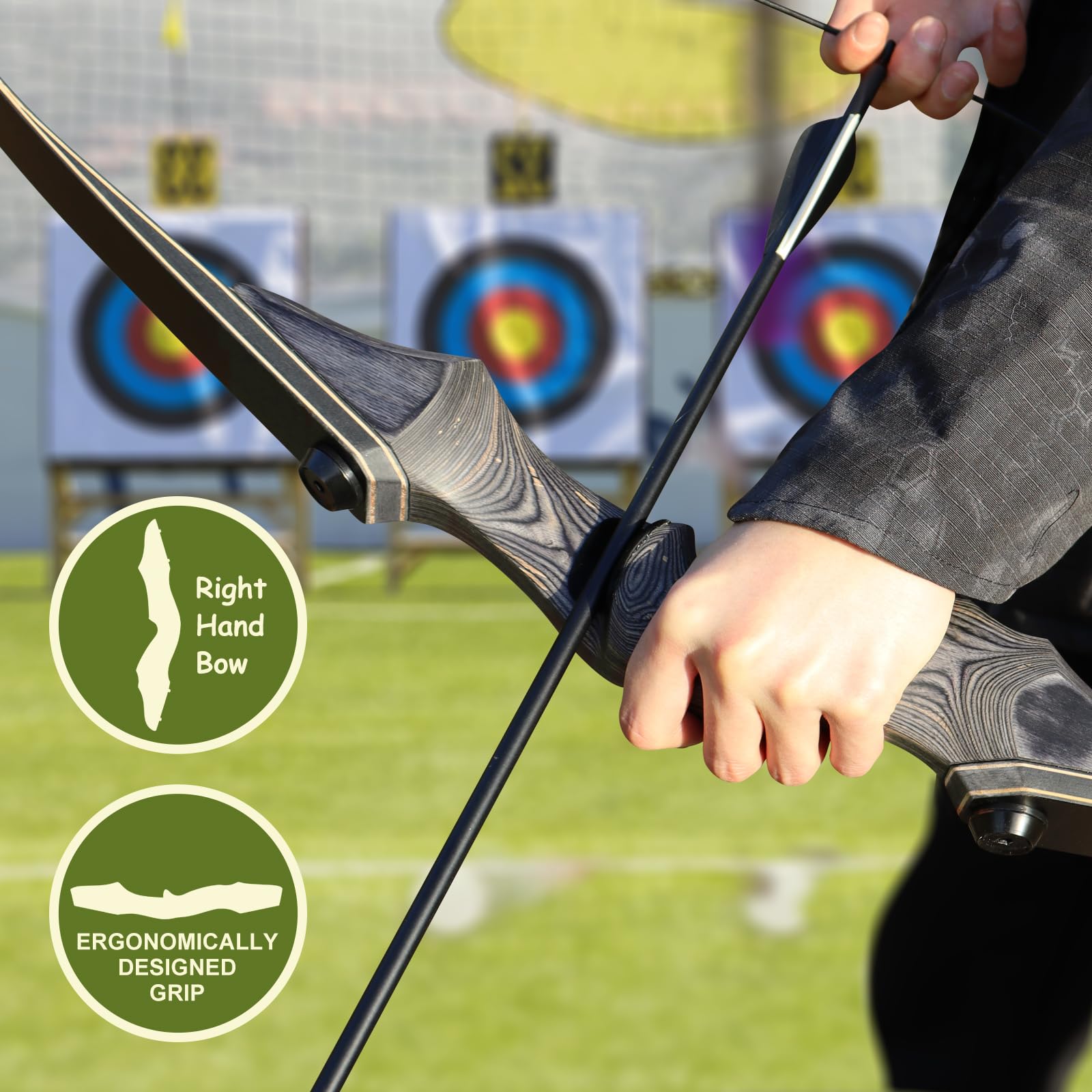 D&Q 60'' Archery Bow and Arrow Set for Adults, Hunting Bow, Recurve Bows for Adults Right Hand, Black Hunter Longbow Adult Beginner, Archery Set with 12pcs Fiberglass Arrows (60lbs)