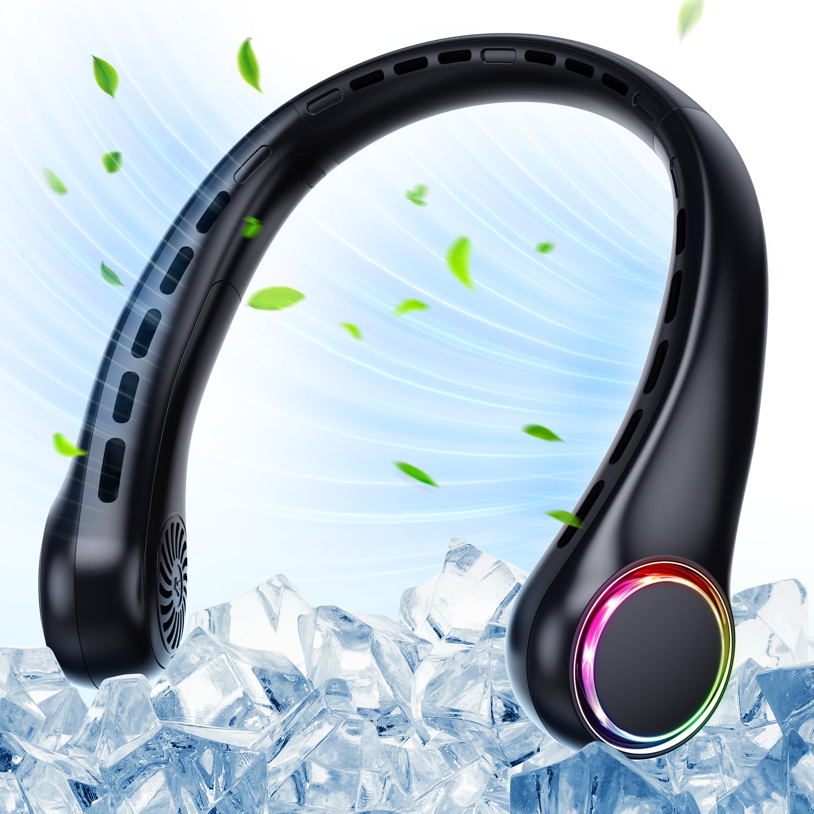 Ventilador de Cuello, Mini Ventilador Portatil Sin Aspas, USB Recargable Bateria 4000 mAh con Ajustable 3 Velocidades Luz LED para Viajes Deporte Oficina Hogar
