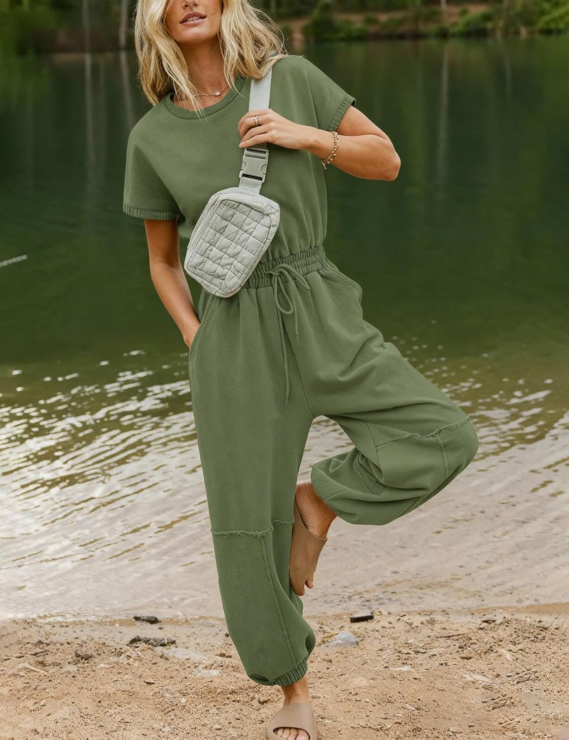 Flygo One Piece Jumpsuits for Women Crewneck Short Sleeve Casual Wide Leg Long Pants Drawstring Rompers Outfits with Pockets - Image 2