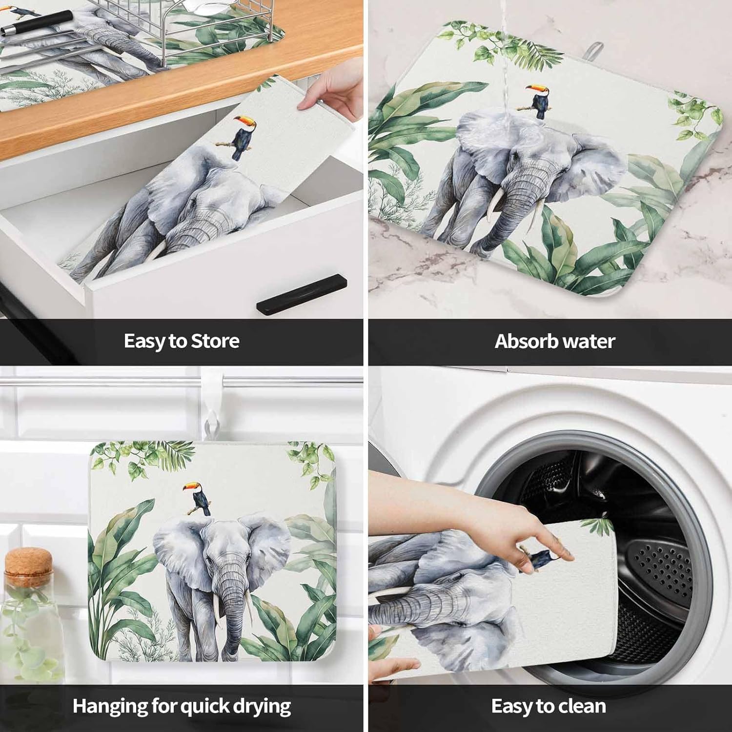 Dish Drying Mat Set of 2 Tropical Elephant Parrot Microfiber Absorbent Reusable Washable Dish Drying Rack Mat Summer Palm Leaf Coffee Mat for Coffee Maker Bar Kitchen Countertops 16x18inch