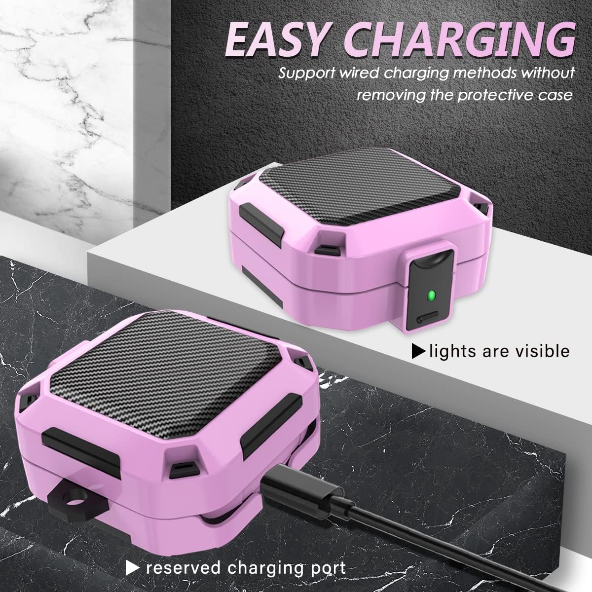 with Safety Lock for Beats Fit Pro Case Cover Protector, Carbon Fiber Material Shock-Absorbing Beats Fit Pro Earbuds Case with Keychain/Storage Box/Clean Brush/Wrist Strap - Pinkish Purple - Image 5