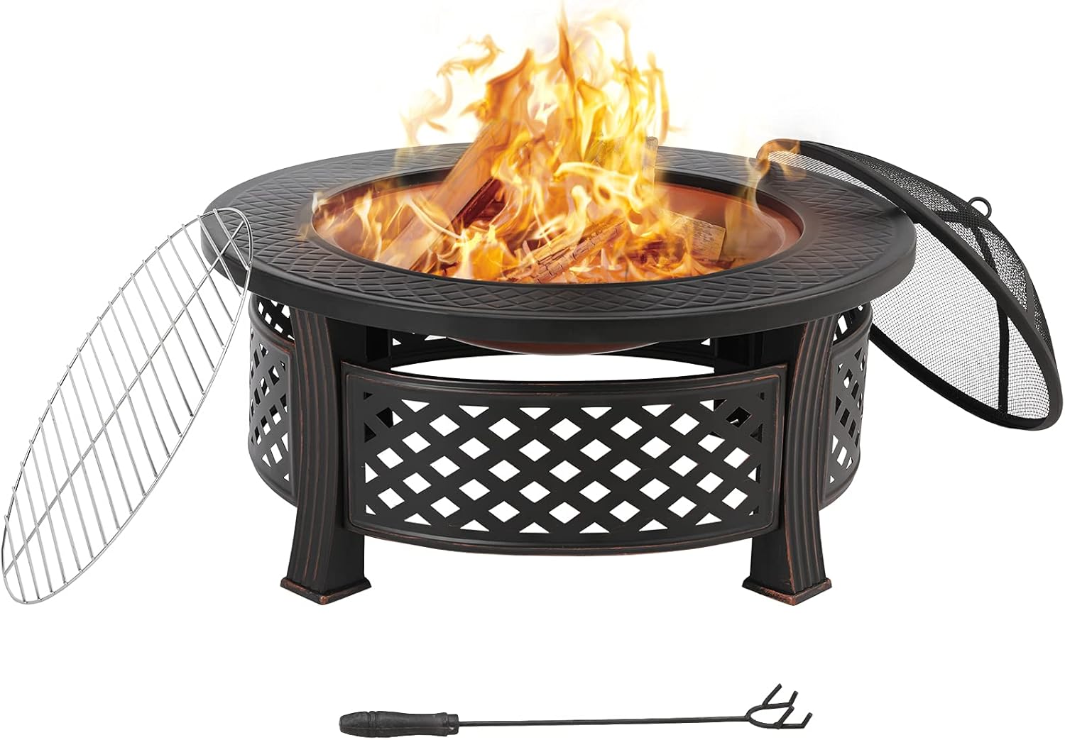 Brasero Exterior para Jardín y Terraza, 3 en 1 Barbacoa Calefacción y Enfriar Bebidas, Pozo de Fuego con Protector de Chispas, Chimeneas de Leña, 80,5×80,5×54 cm
