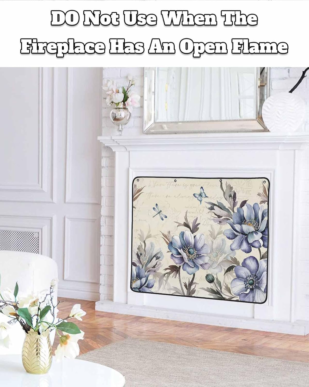 Flower Butter-fly Magnetic Fireplace Cover 36"x30",Decorative Fireplace Blanket Insulation Cover for Heat Loss,Indoor Outdoor Fireplace Draft Stopper Covers,Shabby Chic Vintage Floral Newspaper
