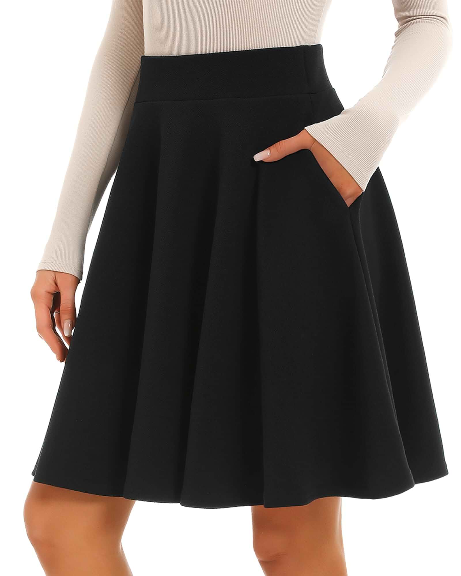 Stelle Women’s Knee Length Flared Skirt for Casual Office Travel Wear Elastic waistband, Flowing silhouette, Soft stretch fabric, Work, Vacation, Everyday comfort,Fall cloth outfit
