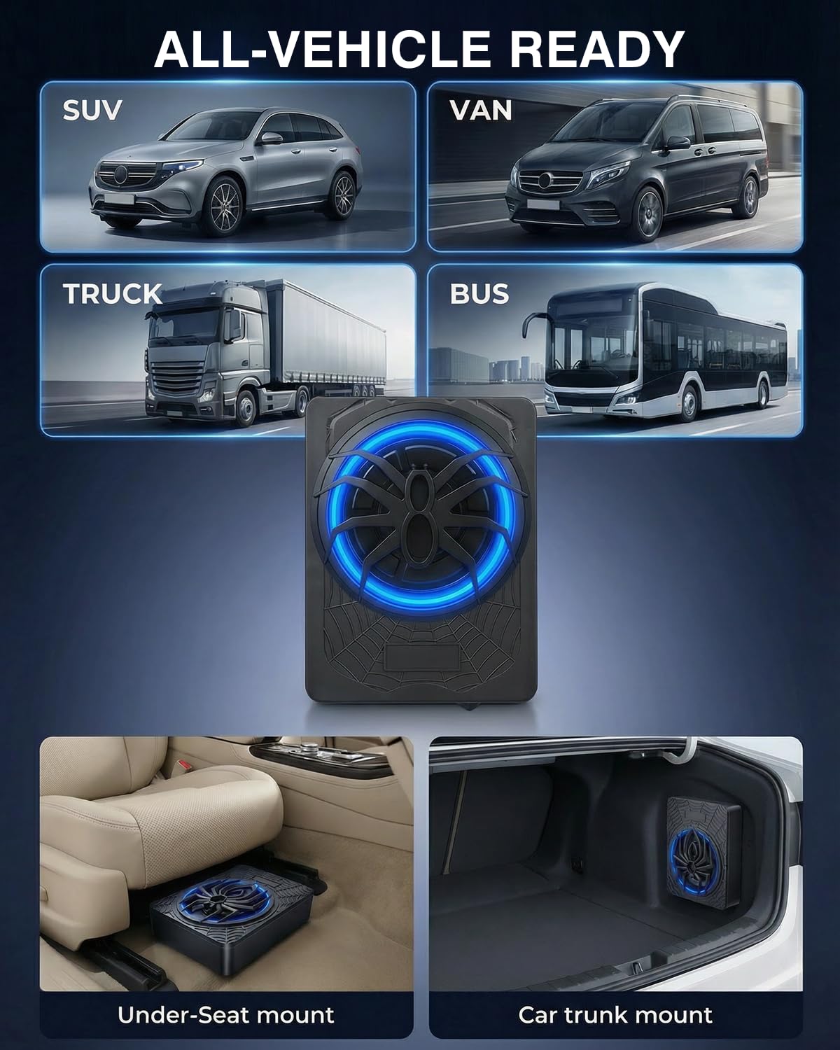 Subwoofer attivo per veicoli, progettato per essere posizionato sotto il sedile, 1200 W di potenza massima, driver da 10 pollici, con illuminazione ambientale blu, con amplificatore integrato