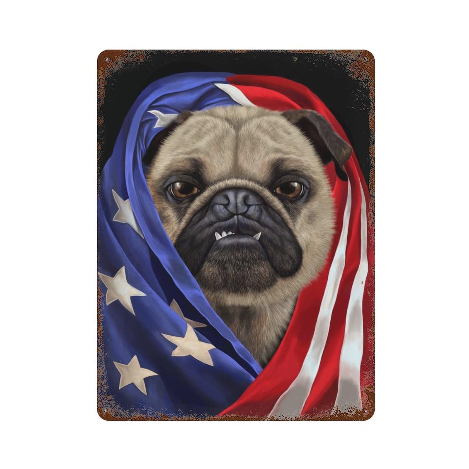 Distressed Metal Wall Sign with Pug Dog USA Patriot Design 15.7"x11.8", for Living Room, Hallway And Home Decor, Vintage Wall Decor