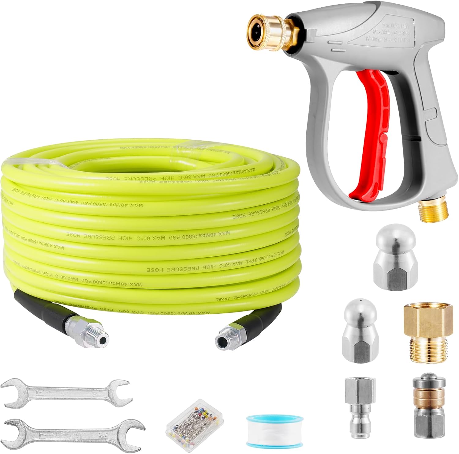papasbox 15M Pressure Washer Drain, 5800PSI/400bar Pipe Hose Cleaning Kit, Sewer Jetter Kit with Power Washer Gun, Quick Connect Kits, Jet Nozzle and Rotating Jet Nozzle for Karcher K2-K7 Series