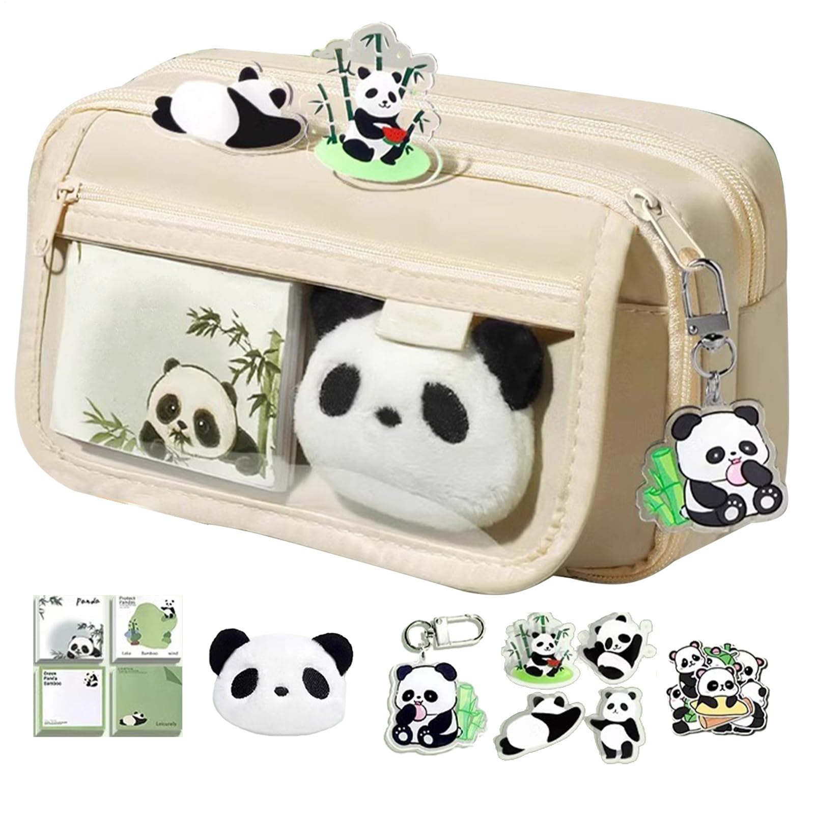 Aufquwk Astuccio Panda di Grande Capacità, Multistrato per Ragazze, Portapenne con Cerniera, Blocco Note, Spilla, Portachiavi Panda, Kaw-aii, per Articoli di Cancelleria
