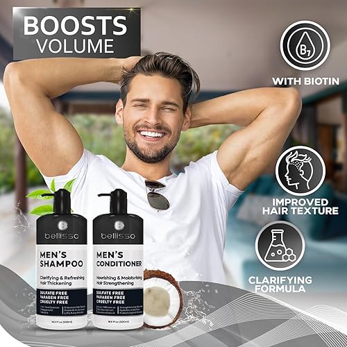 Miniatura 5 de BELLISSO - Set de champú y acondicionador aclarantes sin sulfatos, para hombres con cabello grasonormal, hidratante engrosador, biotina, queratina,