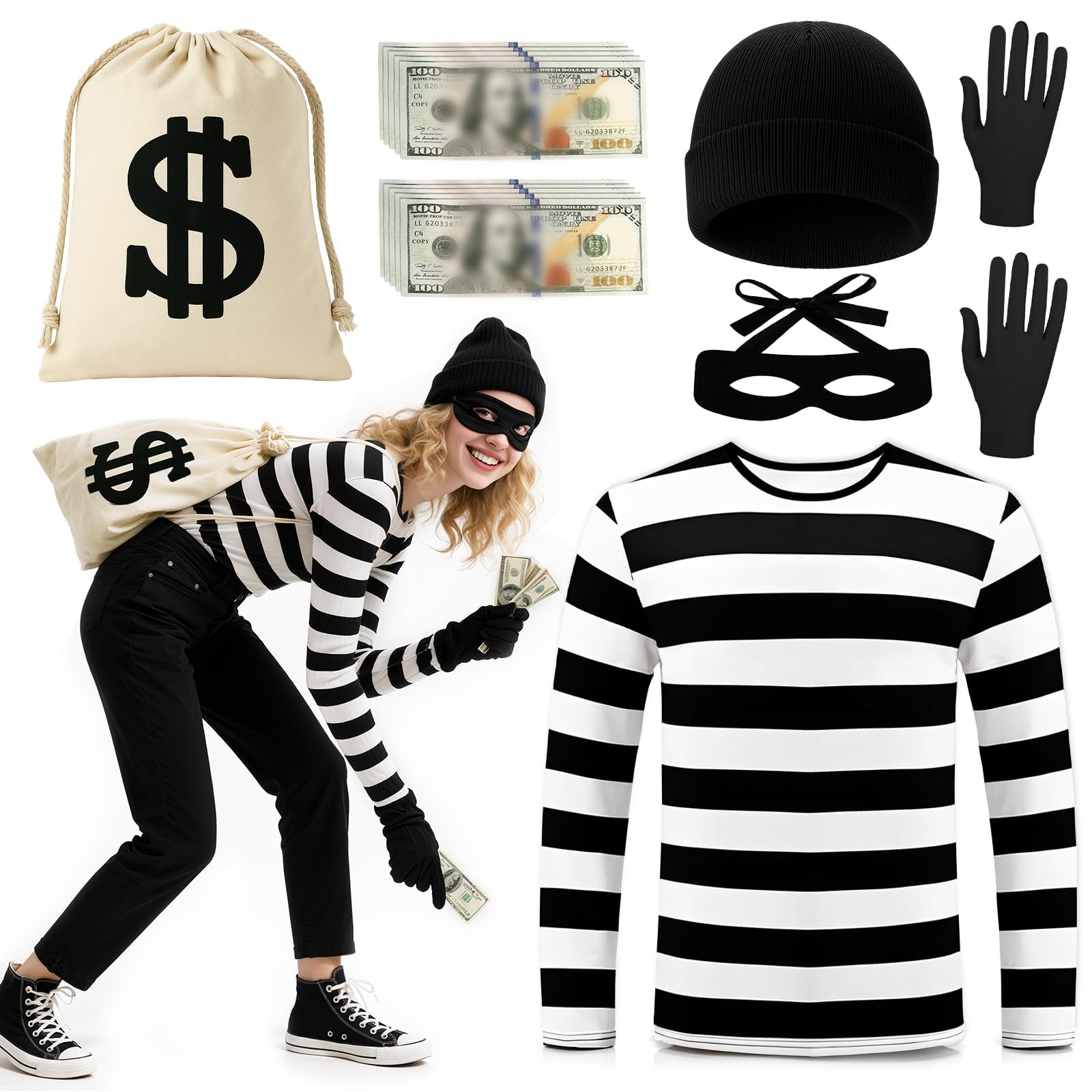Burglar Fancy Dress Set, Unisex Robber Costume Set with Black and White Striped T-shirt Thief Beanie Gloves Eye Mask Canvas Money Bag Props for Adults Cosplay Halloween World Book Day