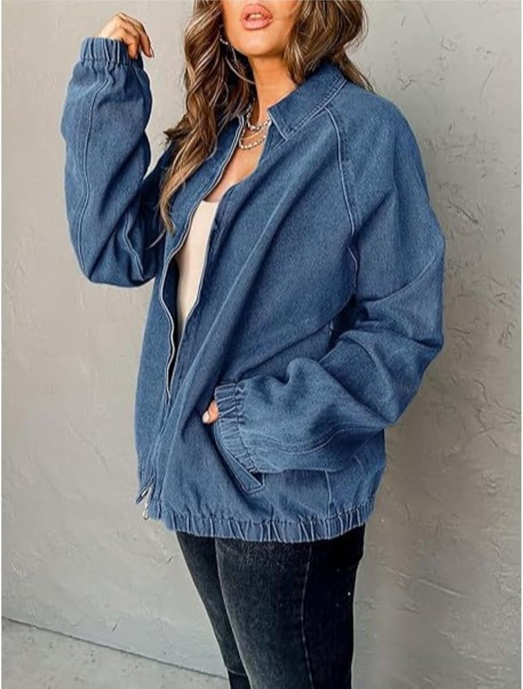 Anybird Womens Denim Jackets Zip Up Long Sleeve Lapel Elastic Hem