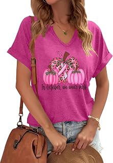 ELDPS in October We Wear Pink Shirts Women: Breast Cancer Tshirt Pink Pumpkin Graphic Tees Casual V-Neck Tops