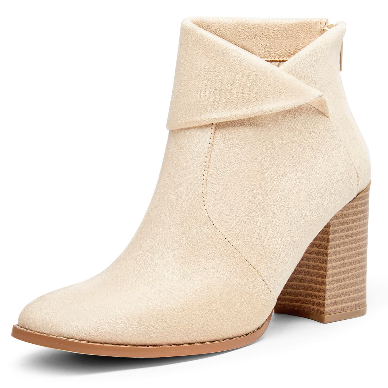 LAICIGO Womens Square Toe Ankle Boots High Chunky Stacked Heel Slip On Criss Cross Zipper Booties