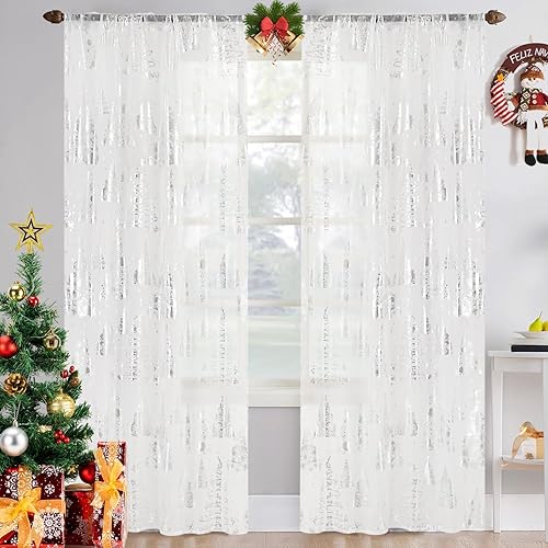 TOMORO Cortinas traslúcidas de Navidad para sala de estar, cortinas semitransparentes de lujo con estampado de árbol plateado para decoración de