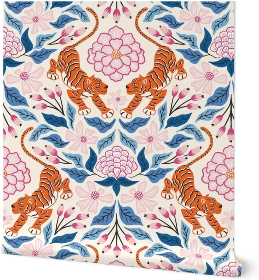 Peel & Stick Wallpaper 3ft x 2ft - Maximalist Tropical Jungle Damask Exotic Botanical Floral Tiger Pink Blue Custom Removable Wallpaper by Spoonflower