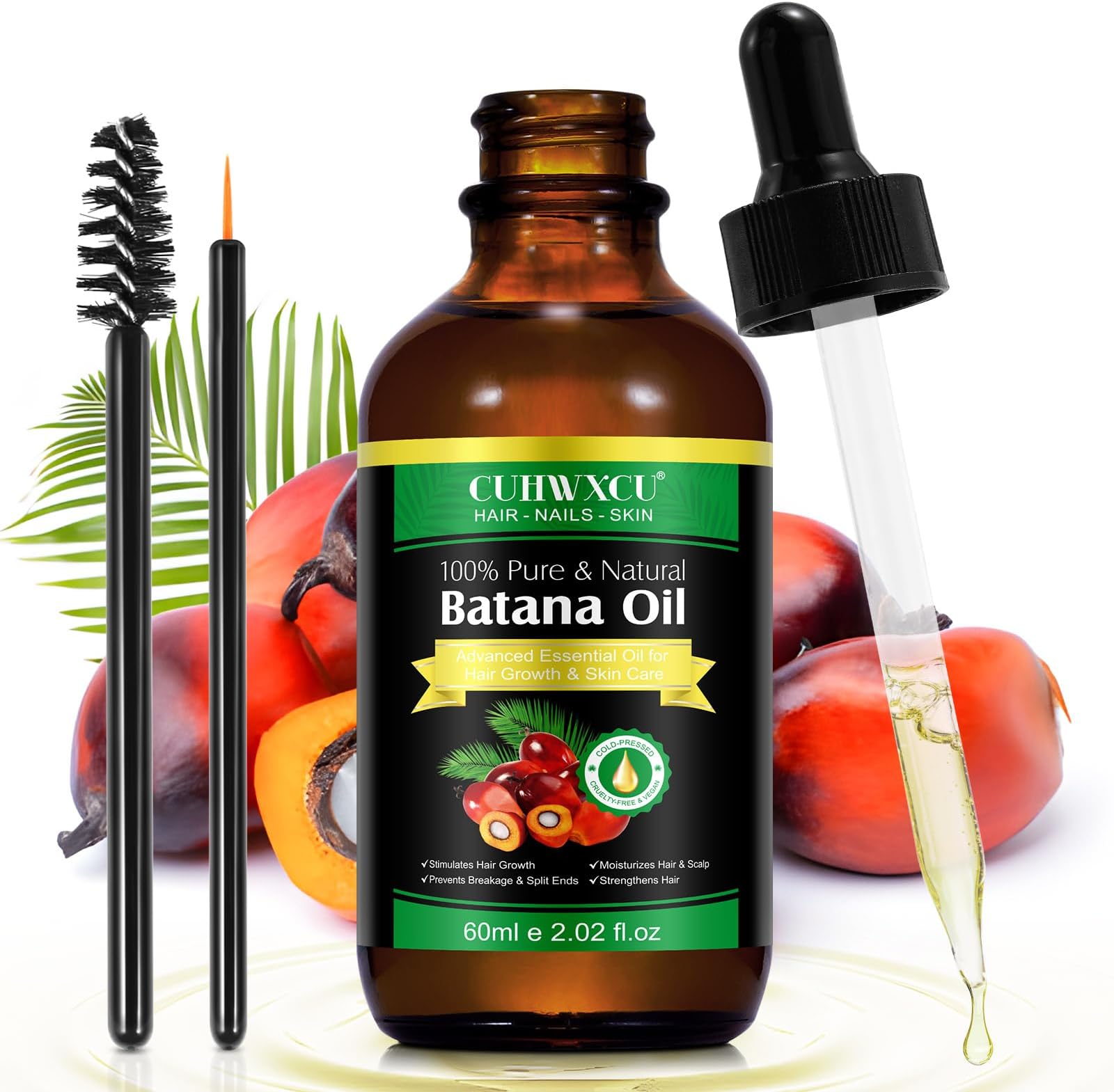 Batana Oil for Hair Growth 60ml - 100% Pure Natural Organic Batana Oil Promotes Hair Thickness, Damaged Hair Repair, Strengthen and Nourish, Black