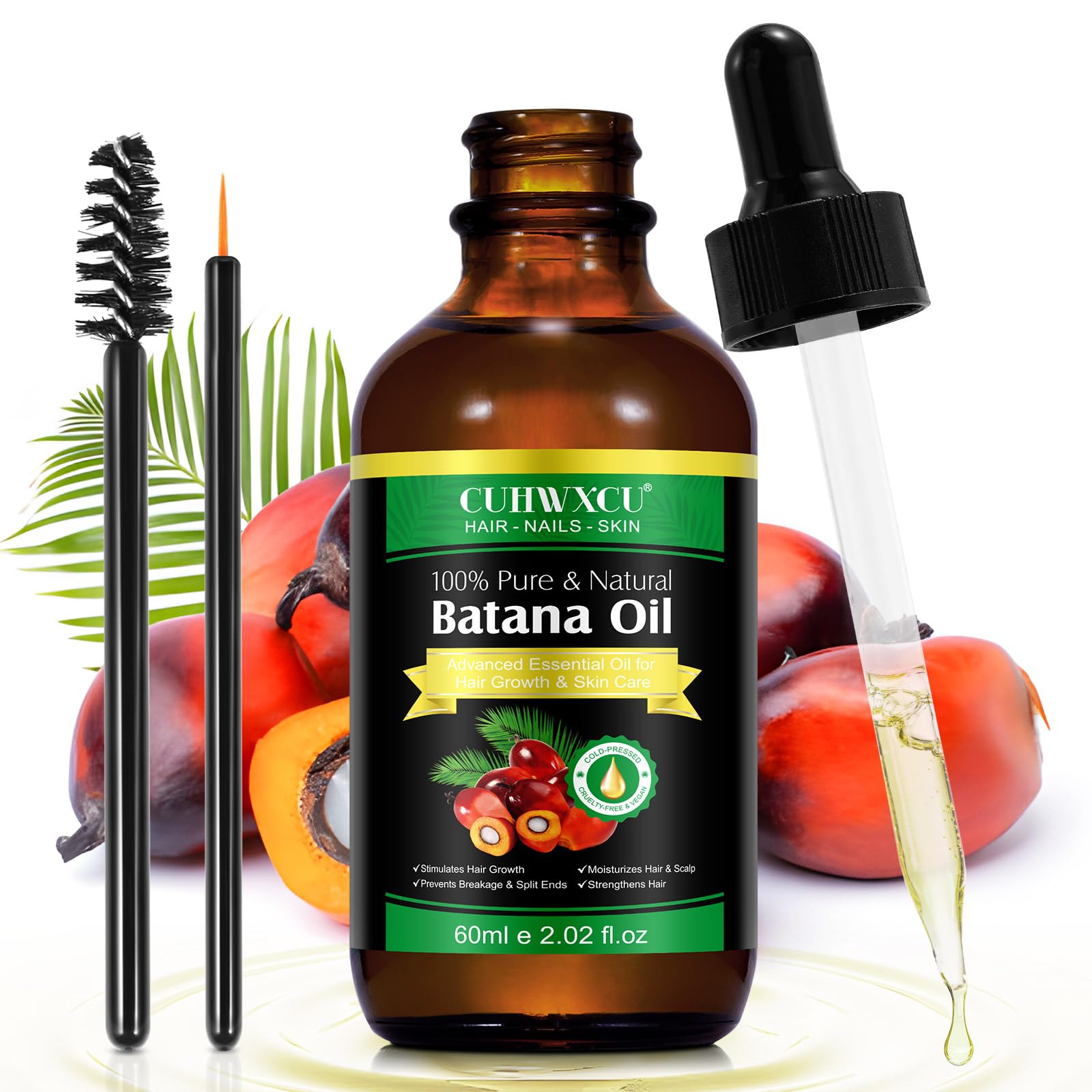 Batana Oil for Hair Growth 2.02 Fl Oz - 100% Pure Natural Organic Batana Oil Promotes Hair Thickness, Damaged Hair Repair, Strengthen and Nourish 60ml Cold Pressed Process.