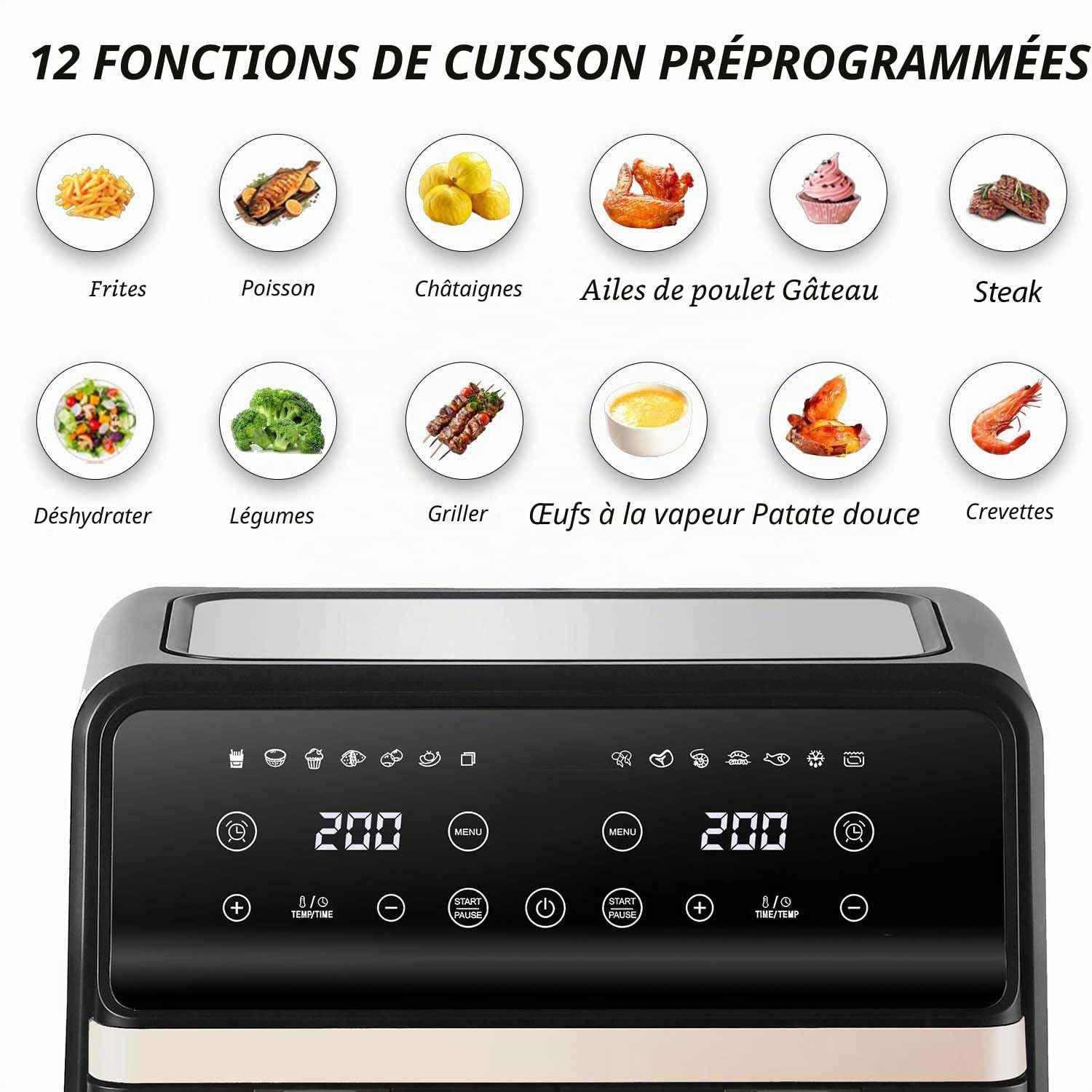 Friteuse à air chaud 2 chambres avec fenêtre de visualisation, friteuse Airfryer de 8 l, 2 compartiments, 12 en 1, écran tactile, paniers lavables au lave-vaisselle, paniers à frire antiadhésifs