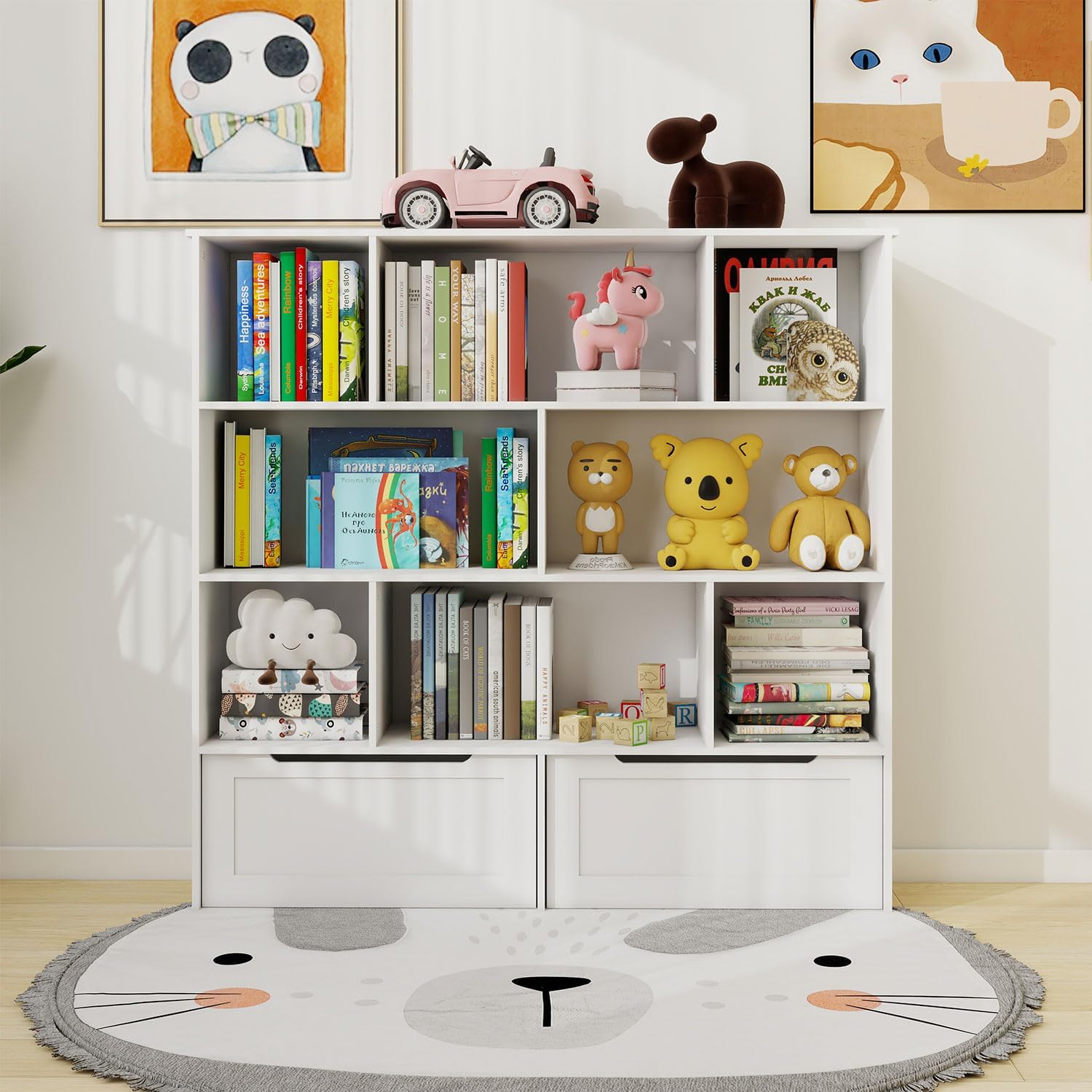 Toy Storage Organizer and Kids Bookshelf, Floor Storage Cabinet Toy Chest with 2 Movable Drawers and 8 Storage Cubbies, Multifunctional Storage Chest Storage Organization for Children's Room, Playroom