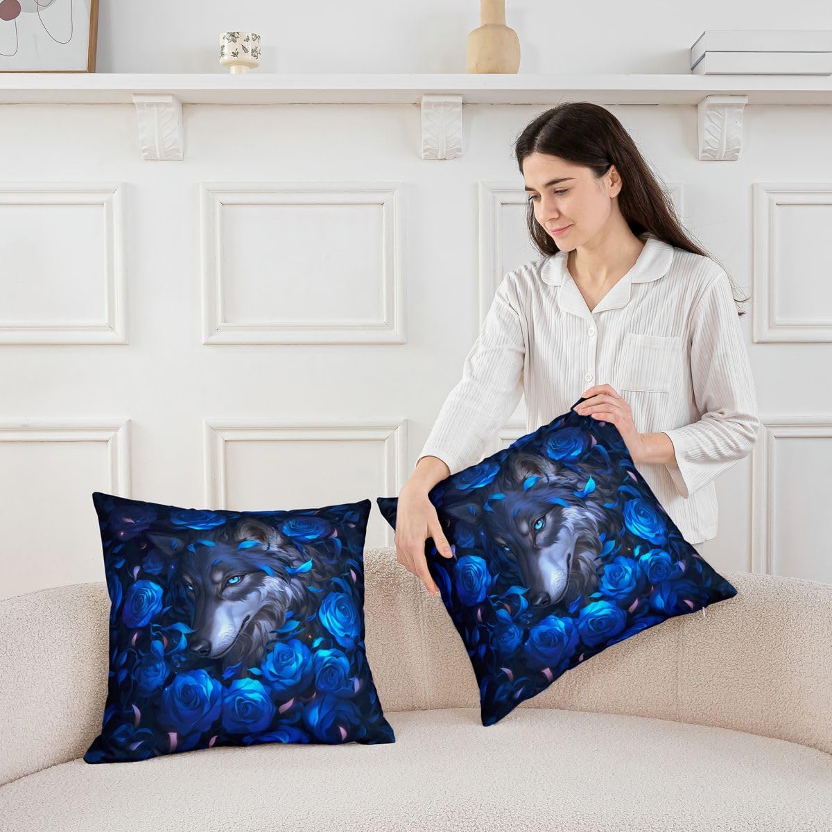 Erosebridal Wolf Beige Blue Rose Romantic Wildlife Set of 2 Throw Pillow Covers 24x24 Inch | Flowers Floral Cushion Covers Valentine Couple Cushion Cases Wedding Anniversary Decorative Pillowcases
