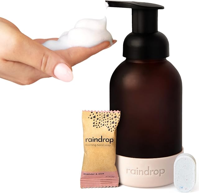 Raindrop Sustainable Hand Soap Starter Pack, 1x Foaming Glass Dispenser Bottle and 2x Eco-friendly Hand Wash Refill Tablets and, Multipack, for Kitchen or Bathroom