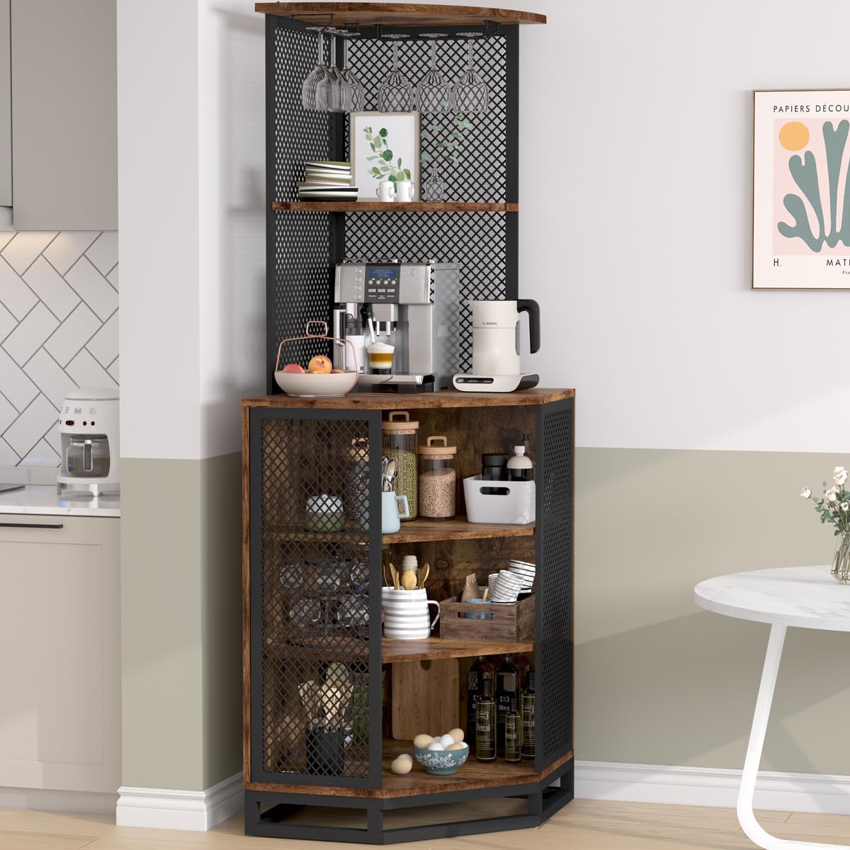 IBF Corner Wine Cabinet, 71" Bar Cabinet with Adjustble Shelf Storage, Metal and Wood Industrial 5 Tier Tall Liquor Cabinet Bar for Home with Glass Holder, Rustic Brown