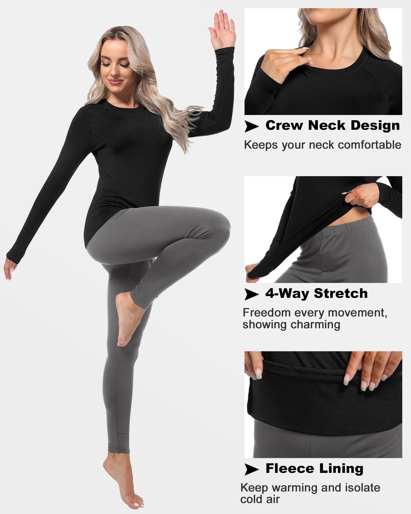 CL convallaria Women Thermal Tops Fleece Line Athletic Long Sleeve Thermal Vest Compression Baselayer Workout Shirts Soft and Warm Gear