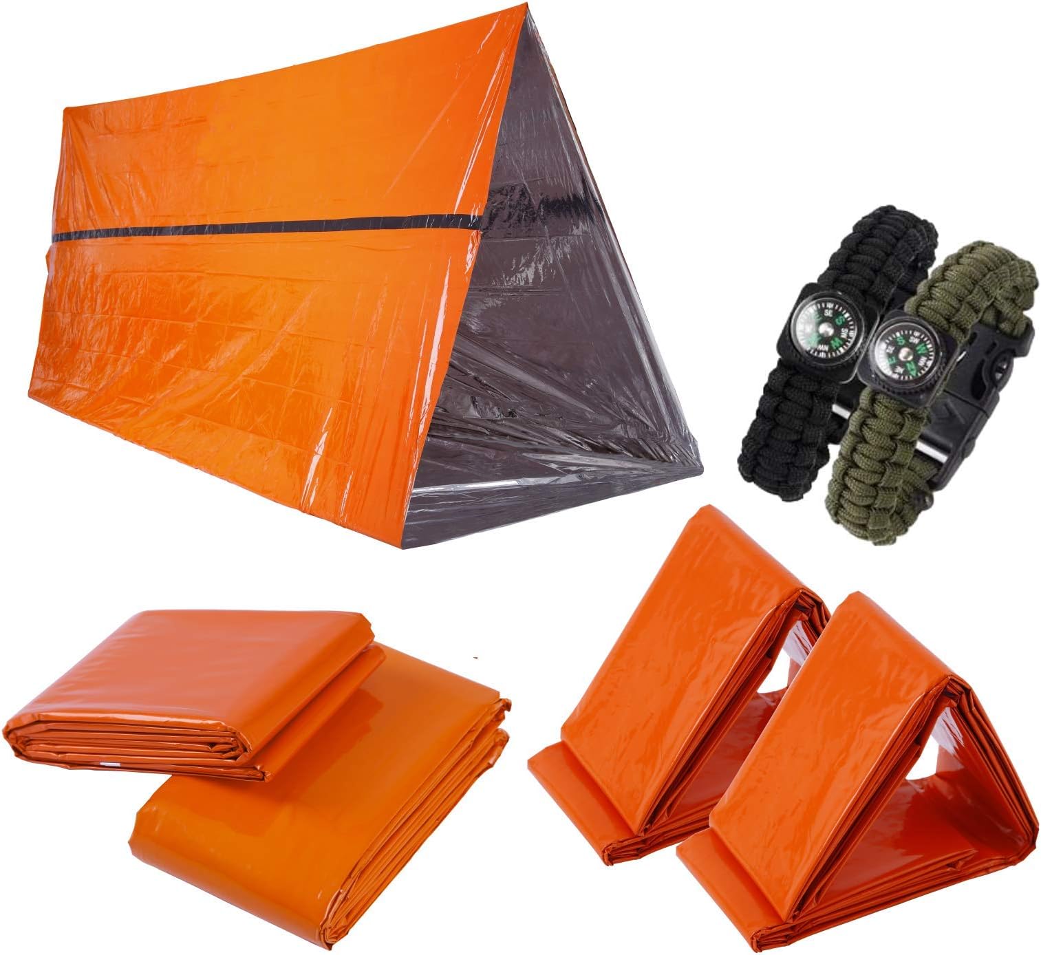 AOASO Emergency Survival Kit 7 in 1 for 2 Person Outdoor Emergency Preparedness with Emergency Tent, Emergency Blankets, Survival Emergency Bag and Survival Bracelet Paracord, Orange Color