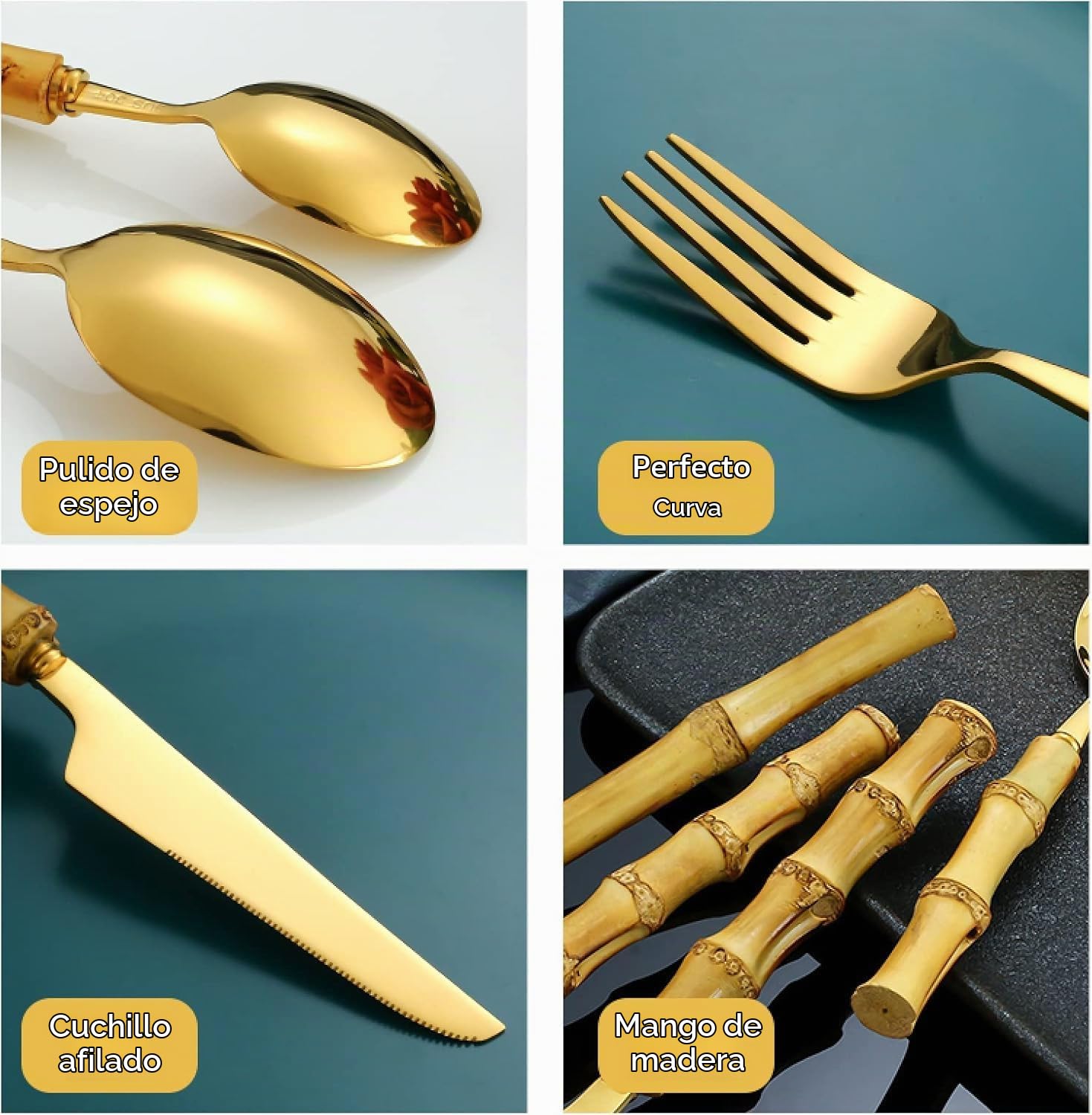 Juegos De Cubertería Juego De Vajilla De Acero Inoxidable Con Mango De Bambú Puramente Natural Juego De Cubiertos Juego De Vajilla Juego De 32Uds Dorado
