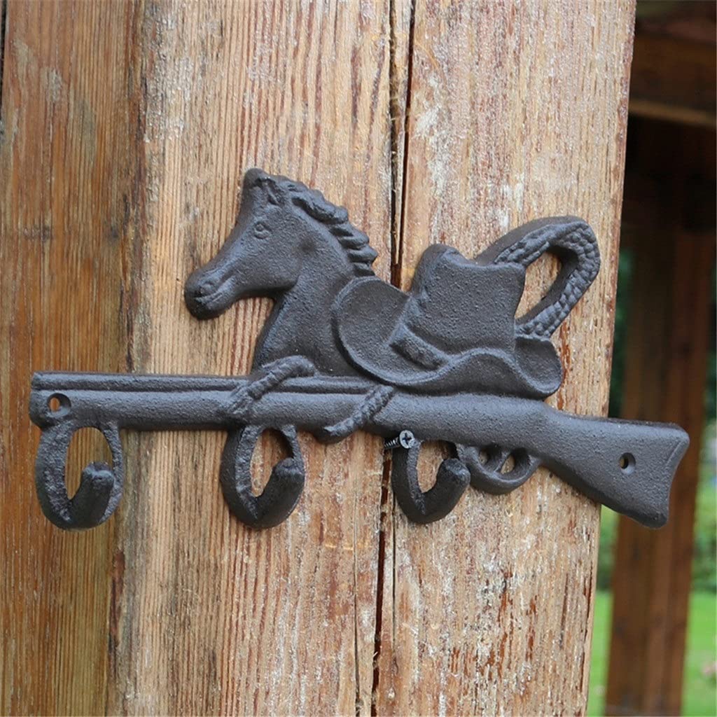 JYDQB Vintage West Cowboy Accents Gunman Horse with Hat Design Cast Iron Wall Mounted Decor Hook with Three Hangers
