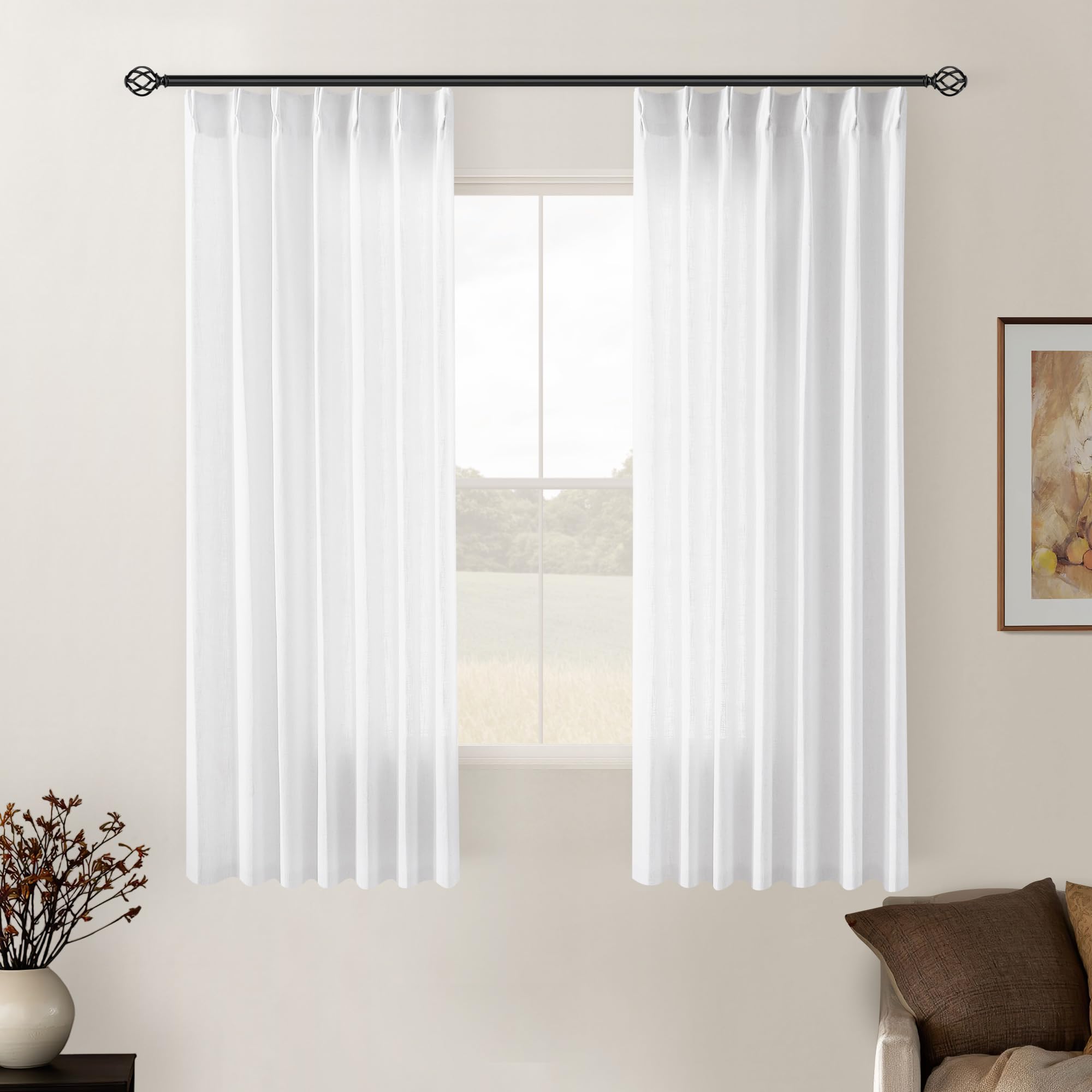 Snow White Pinch Pleated Linen Semi Sheer Curtains 54 Inch Length 2 Panels