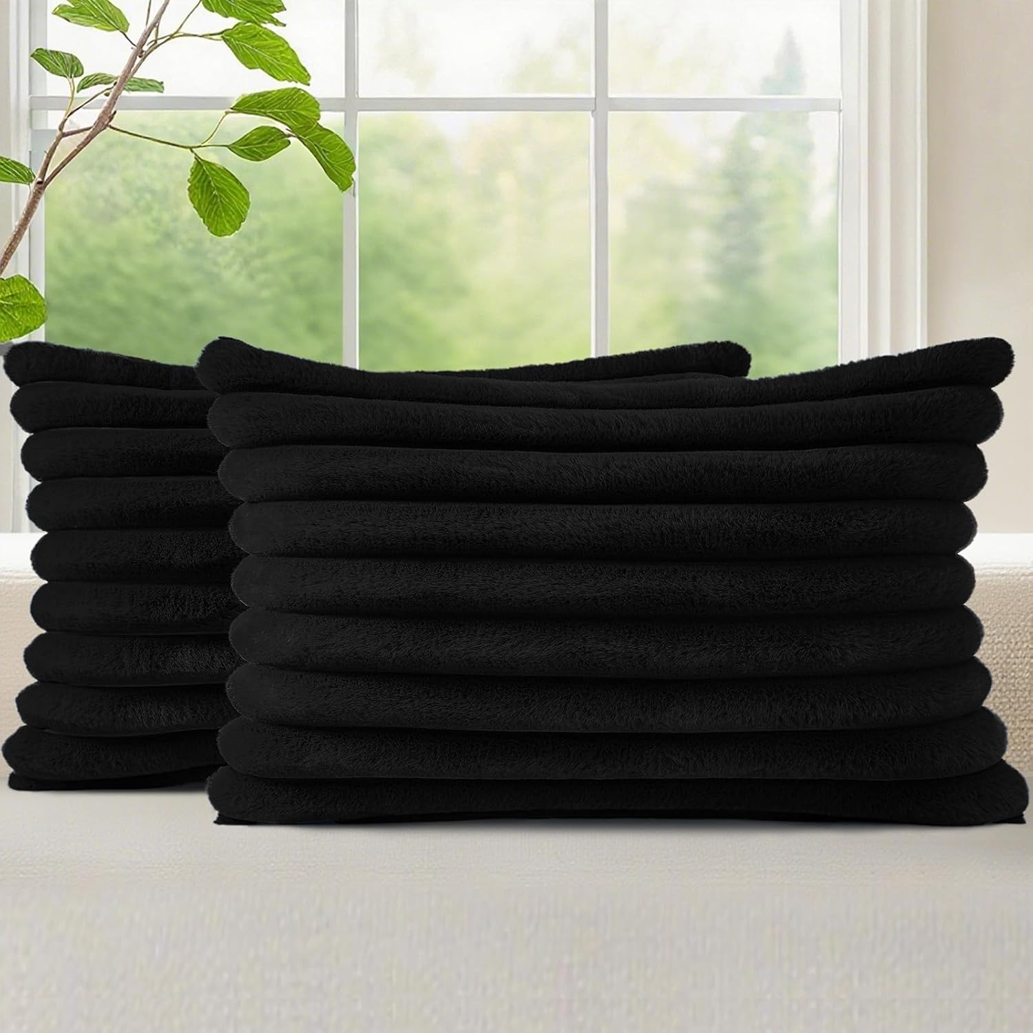 decorUhome Faux Fur Cushion Covers 30x50 cm Set of 2, Decorative Soft Plush Striped Neutral Pillow case 12X20 Inch with Velvet Back for Sofa, Bed, Living Room Home Decor, Black