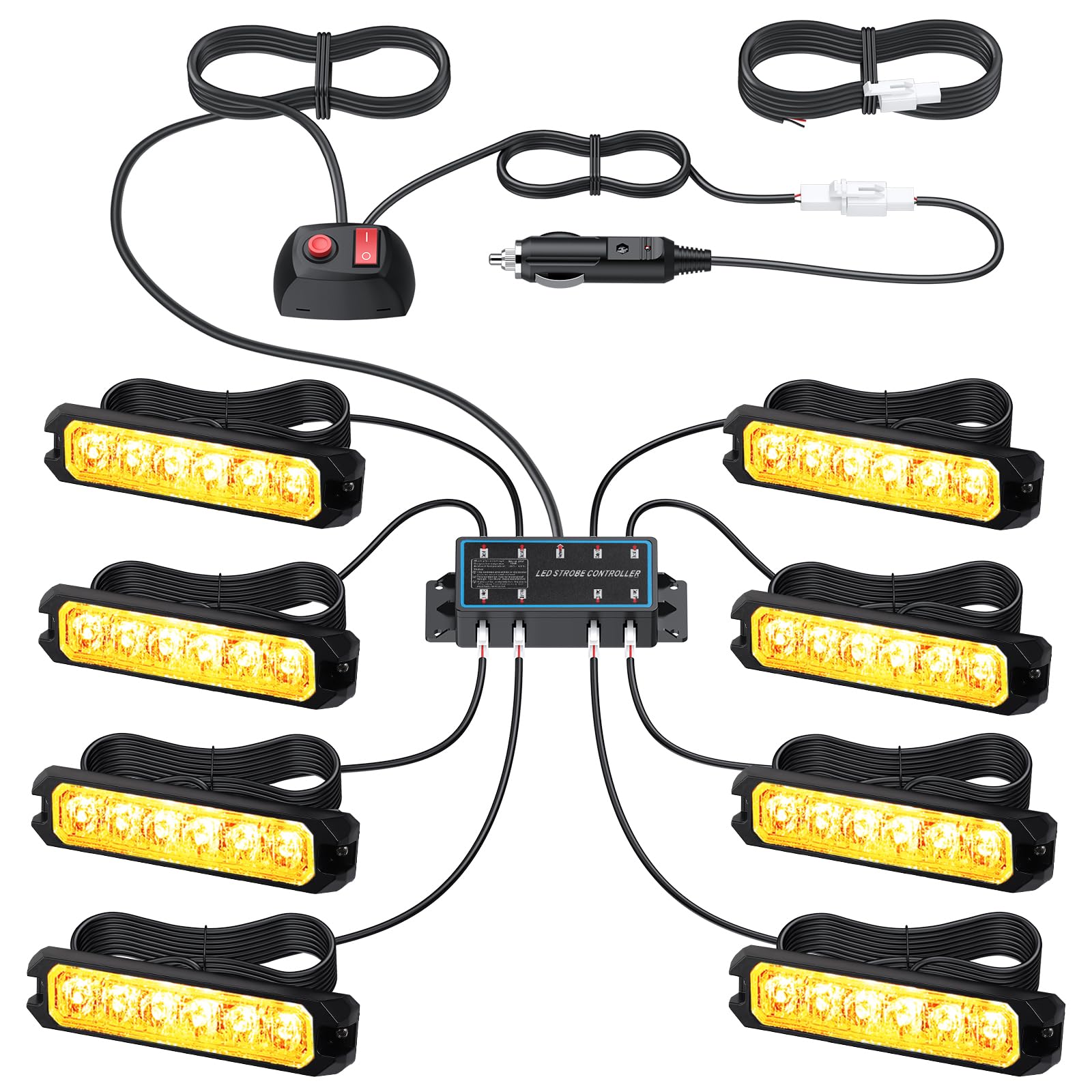 Zestaw 6 lamp błyskowych LED, lampa błyskowa pomarańczowa 12 V/24 V, wodoszczelność IP65, 14 trybów błysku, 8 sztuk do samochodów ciężarowych, traktorów, szybka instalacja