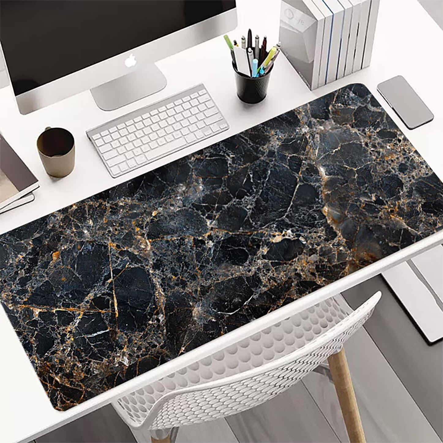 Lpfieonn Marmormuster Großes Schreibtischunterlage, XXL Schreibtischunterlagen, Grau XXL Wasserdicht Gaming Mousepad mit Vernähter Rand und Rutschfeste Gummibasis, für Hause/Büro 120x60cm PF-1923