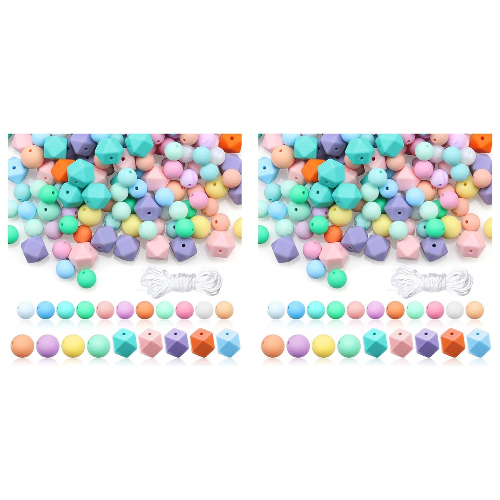 Hndhbfgrt 2 Set Silicone Beads, Silicone Loose Beads for Keychain Making Round Rubber Beads Polygonal