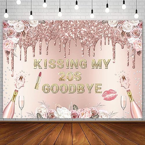 Telón de fondo de feliz cumpleaños de 7 x 5 pies para mujer, besando mis 20 años, despedida, oro rosa, purpurina, bohemio, floral, champán, fondo de