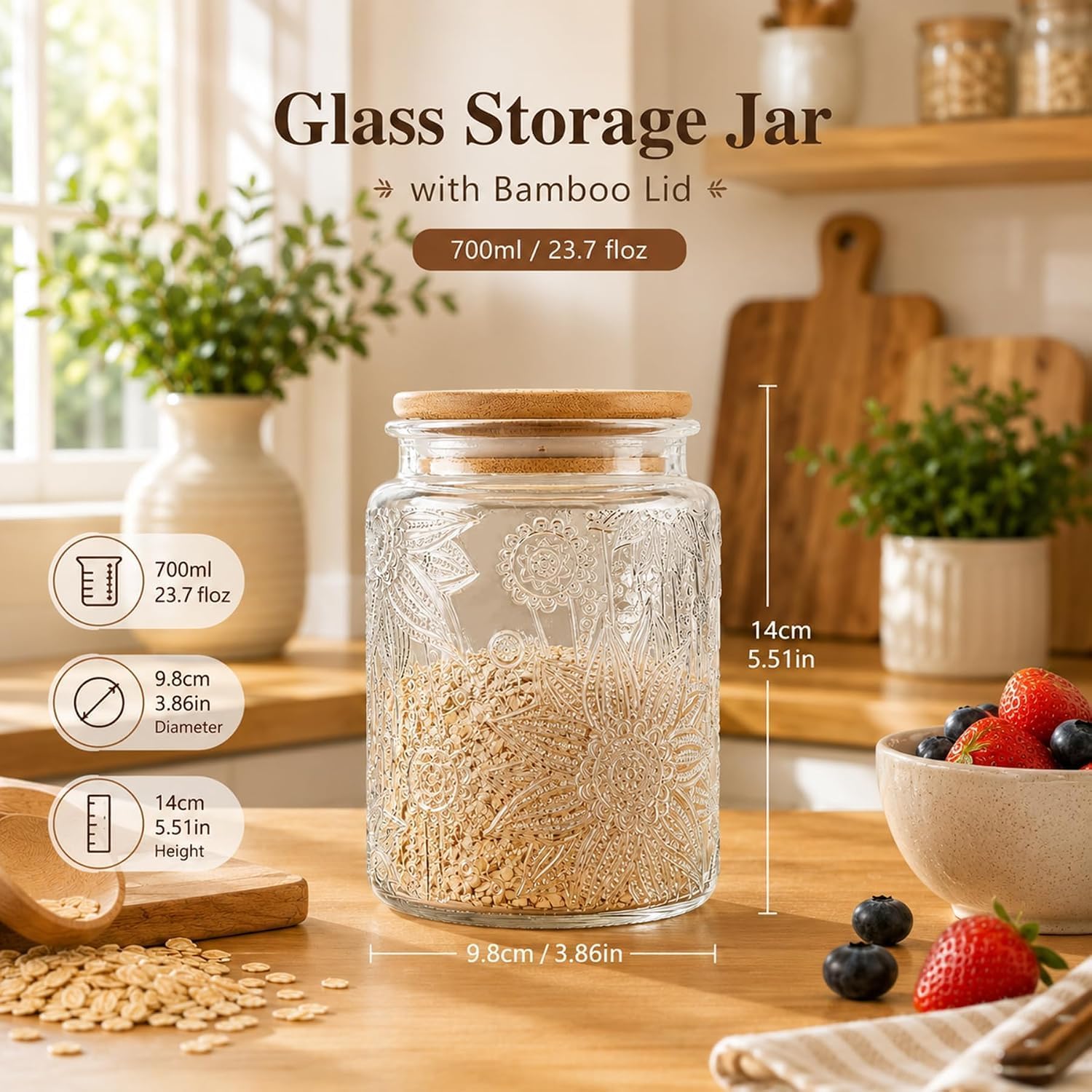 Custde Vintage Glass Jar with Bamboo Lid, 23.7 FL oz - Airtight Decorative Food Storage Canisters for Kitchen Counter, Ideal for Candy, Sugar, Coffee, Cookies (Sunflower*2) image 3