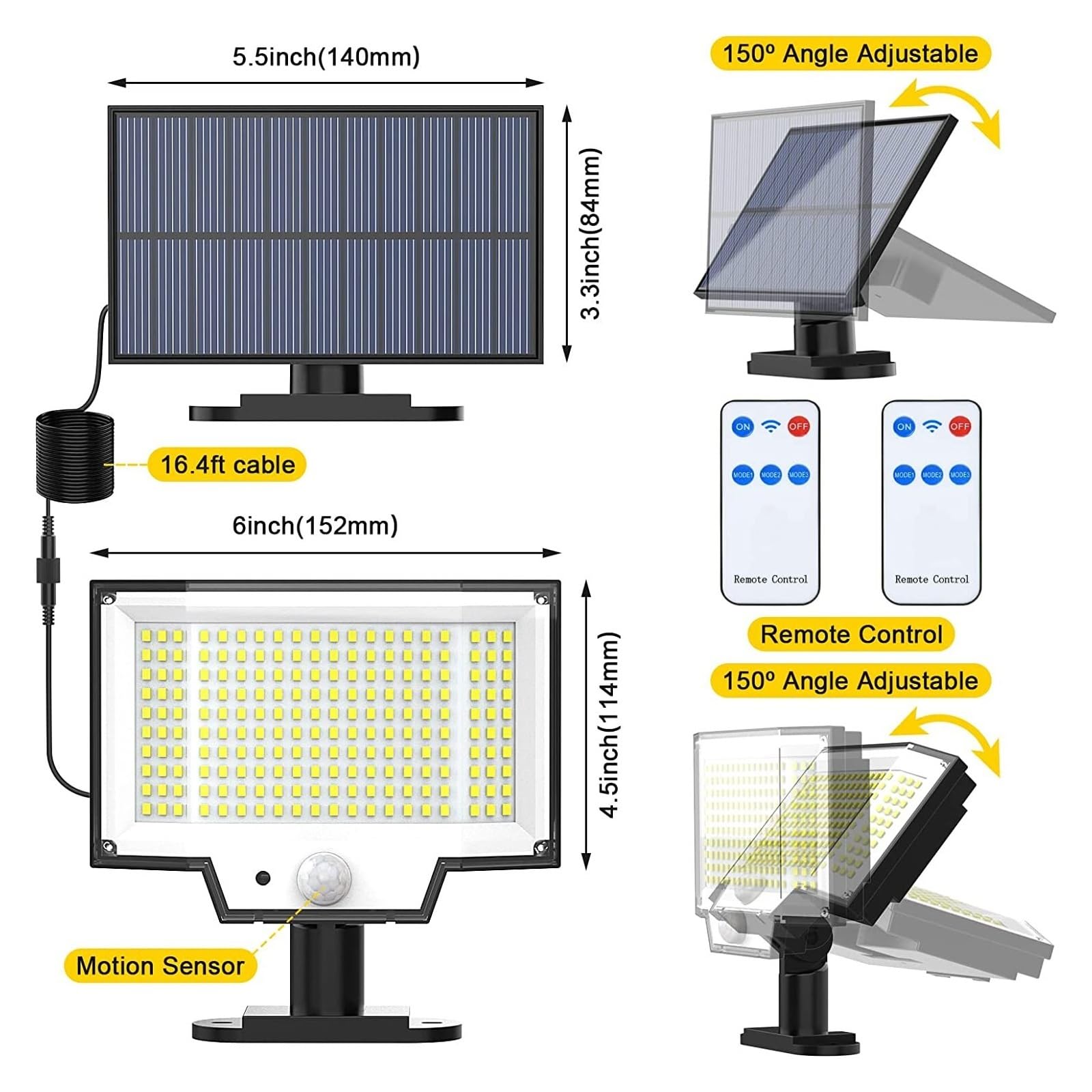 106/200/228 Lampa Solarna LED Zewnętrzne Światło Bezpieczeństwa LED Czujnik Ruchu Wodoodporny Oddzielony Panel Słoneczny Światło Słoneczne Ogrodowa Lampa Garażowa Super Jasny(200LED-1PC)