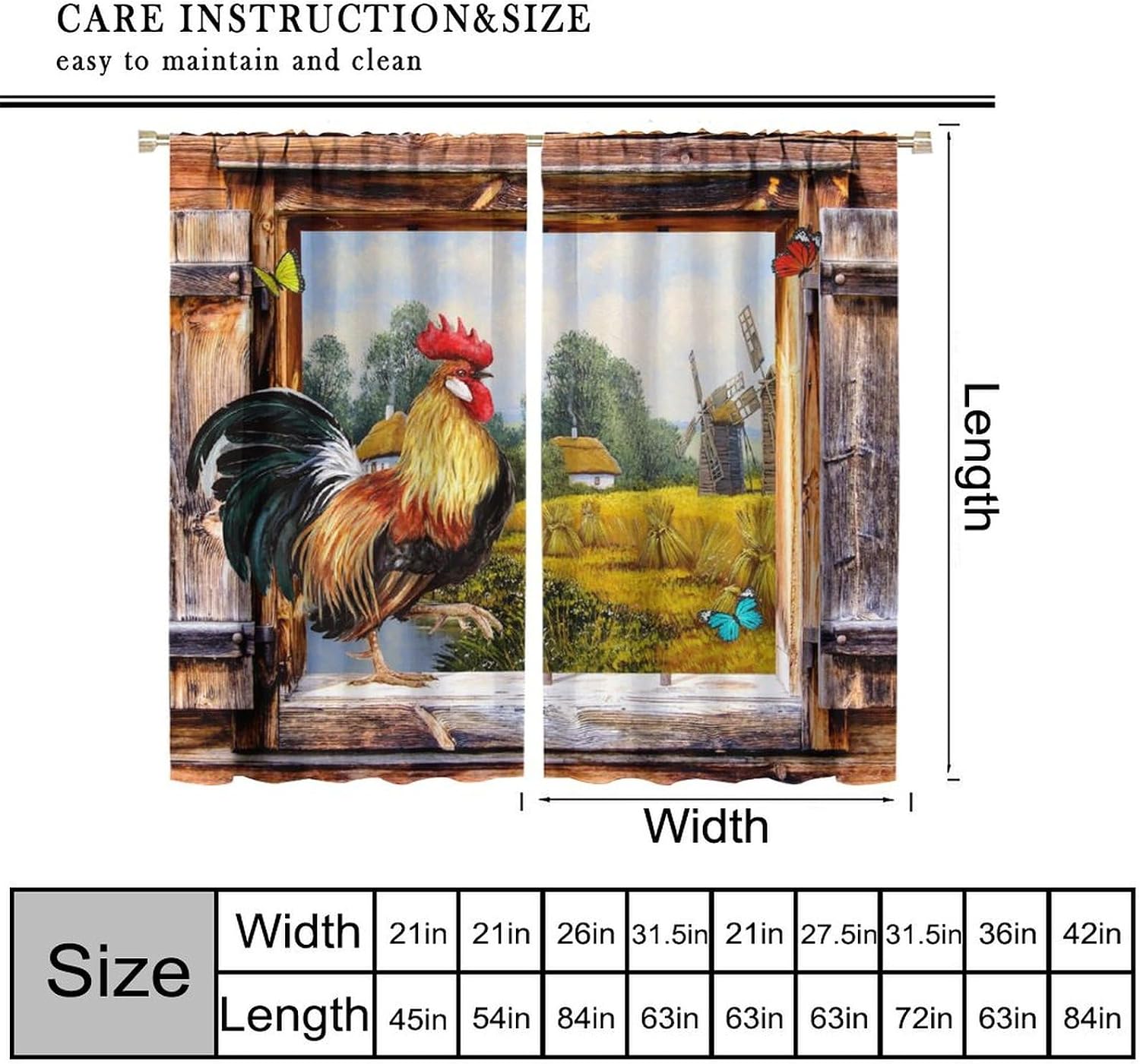 YCness Rustic Farmhouse Chicken Curtains Rooster Farm Barn Door Butterfly Art Printed Window Drapes for Bedroom Living Room Kitchen Decor Fabric Set 2 Panel 42x45 Inch 30% Shading Rate