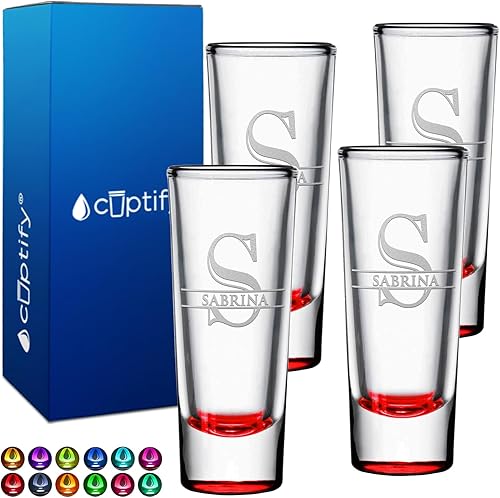 Juego de 4 vasos de chupito personalizados, parte inferior roja, iniciales de vaso de chupito de 2 onzas y nombre para regalos, bodas, cumpleaños,