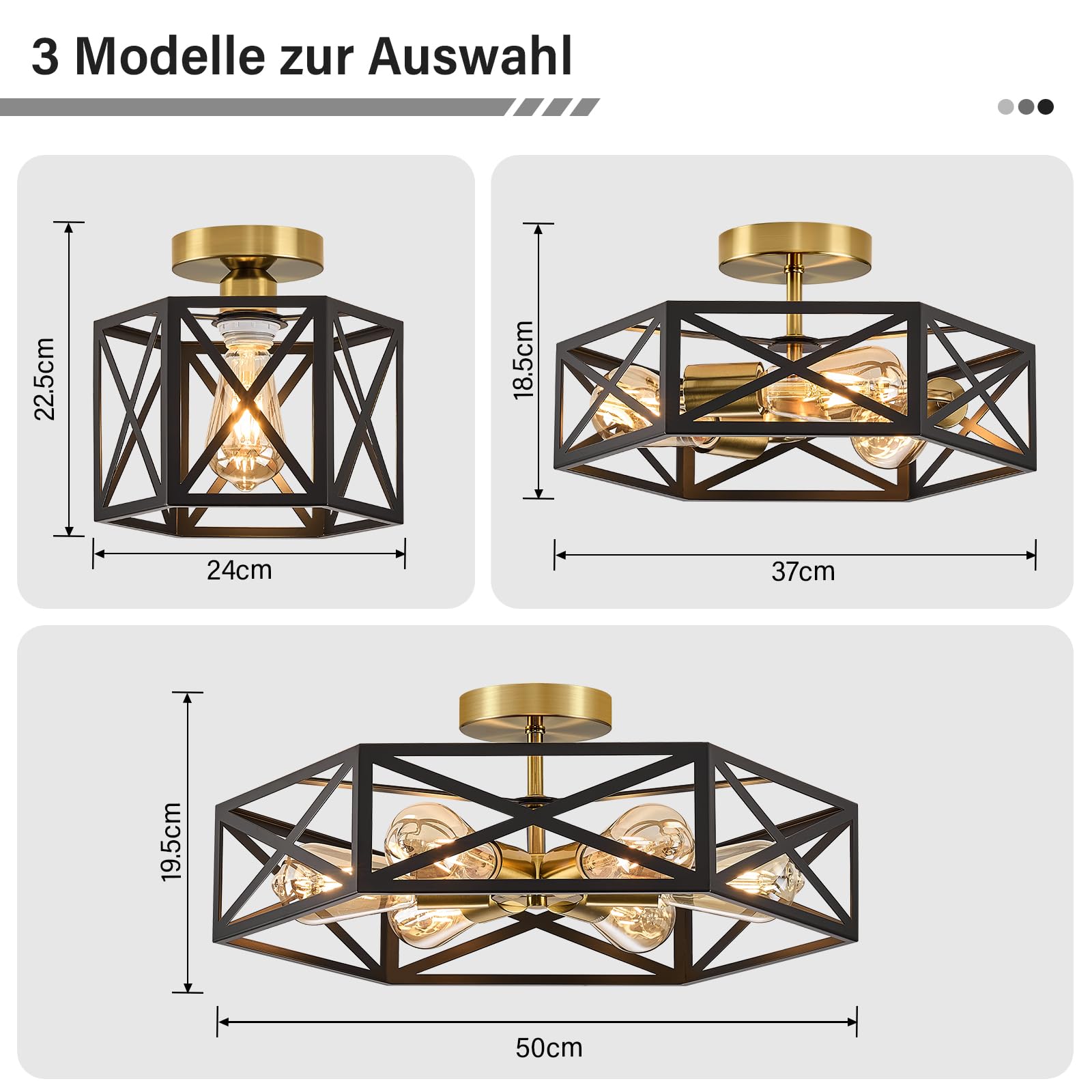 Lampada a Soffitto Vintage Nera e Oro 6 Luci E27, Stile Industriale Semincassata, Struttura in Metallo, Design a Gabbia Moderno per Cucina, Ingresso, Camera da Letto, Soggiorno