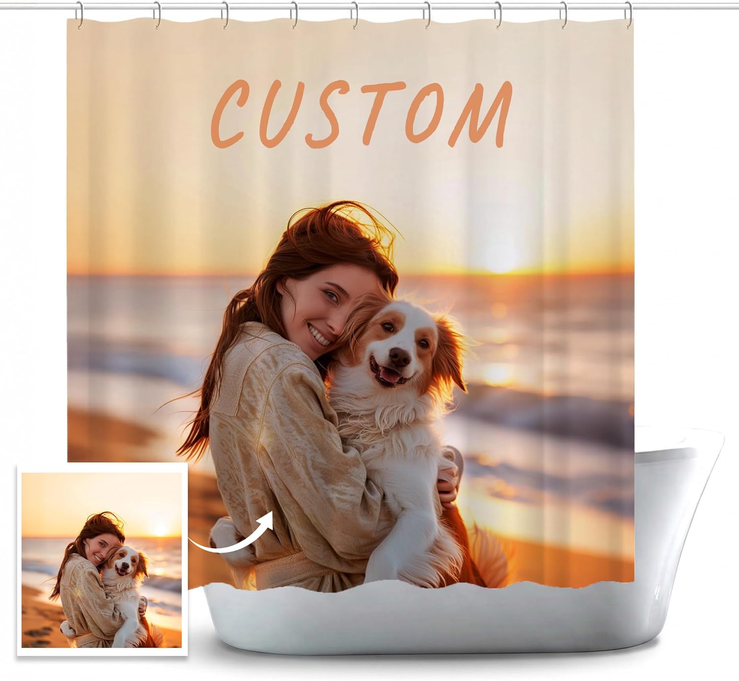 Custom Watercolor Art Shower Curtain from Your Photo, Personalized Bathroom Curtain, Neutral Polyester Bathroom Decor Gift for Couples, Family, Pet Lovers