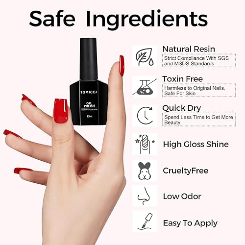 Miniatura 5 de TOMICCA Esmalte de uñas de gel rojo (necesita uso de luz LED), esmalte de uñas rojo brillante de Navidad, esmalte de uñas rojo UV de secado rápido,