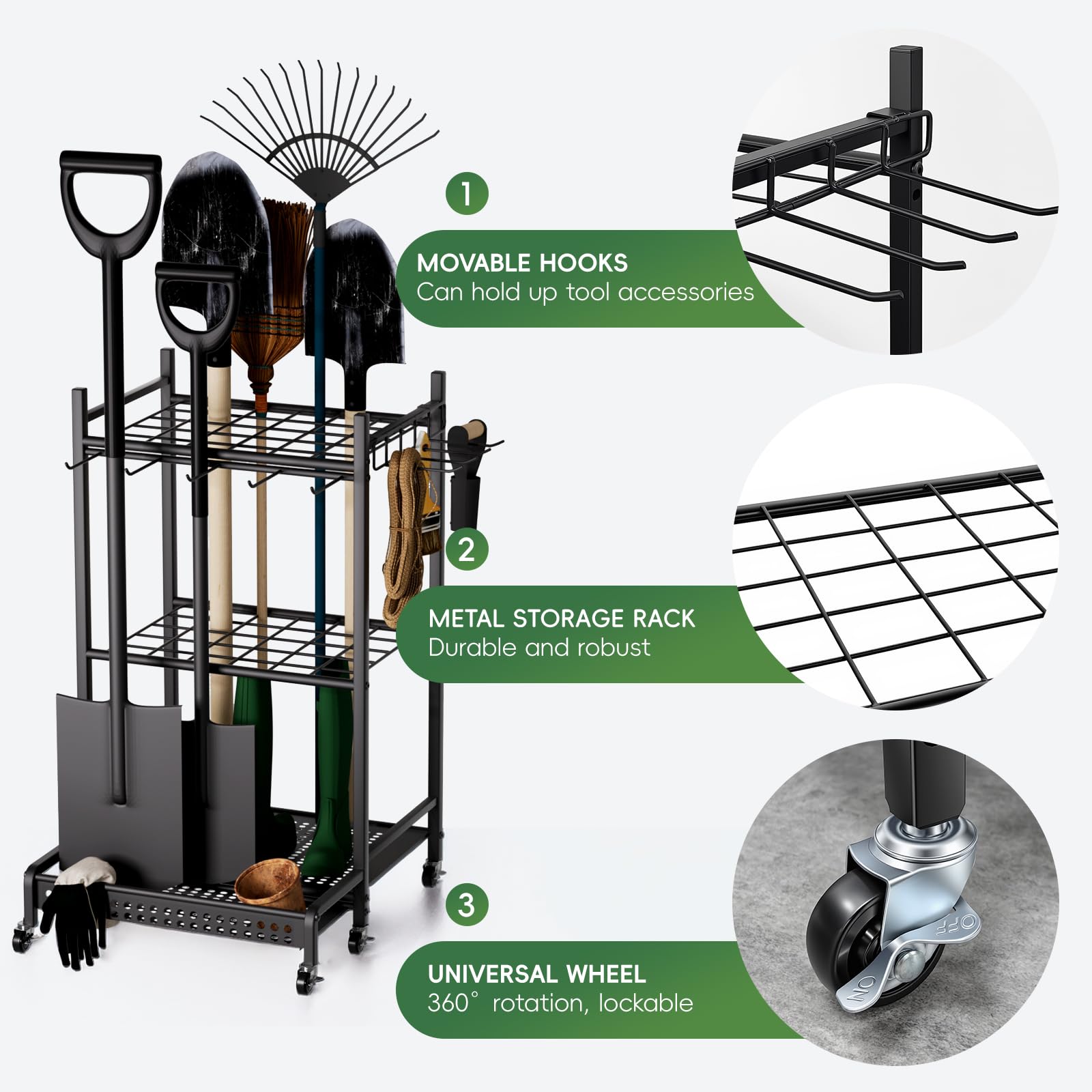 Organizer per attrezzi da giardino, Organizzazione Stoccaggio Riparo Esterno per Attrezzi, Rastrelli, Scope a Manico Lungo da Officina, per garage e garage, organizer da giardino , 50 x 43 x 79cm