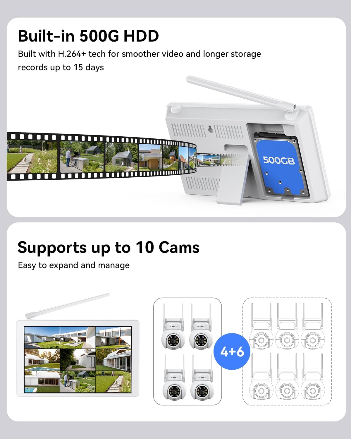 Wireless Security Camera System, 4PCS 3MP PTZ Outdoor Camera for Home Surveillance, 10CH 10 inch LCD Monitor NVR with 500G HDD, Auto Tracking,Human Detection,Color Night Vision,No Monthly Fee