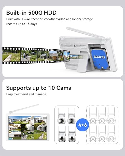 Miniatura 7 de Sistema de cámara de seguridad inalámbrica, 4 cámaras PTZ de 3MP para exteriores para vigilancia del hogar, monitor LCD NVR de 10 canales de 10