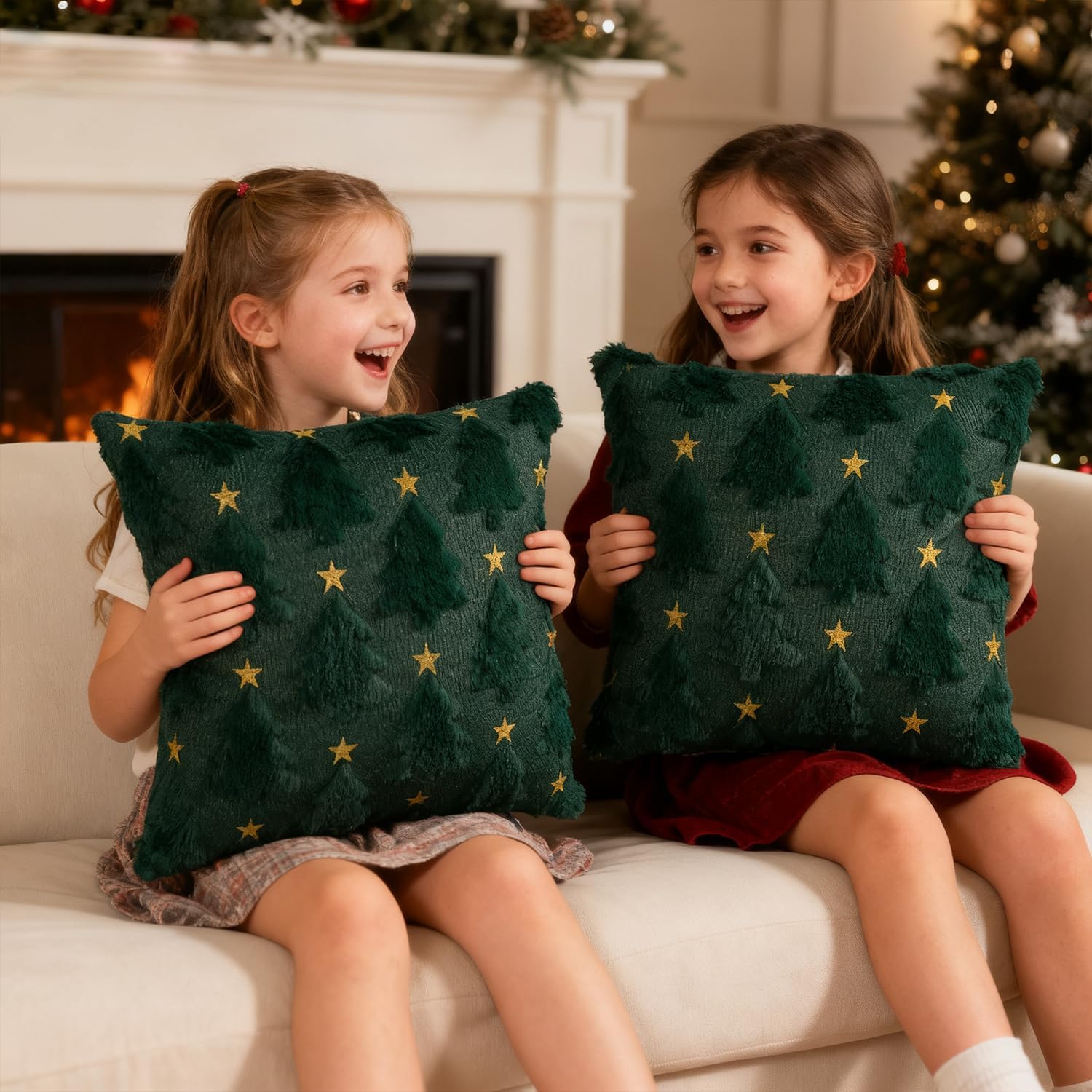 Artmag Christmas Pillow Covers 26 x 26 inch Set of 2 Dark Green Christmas Tree Star Pillow Cases Soft Plush Faux Fur for Holiday Winter Home Coach Sofa Decorations